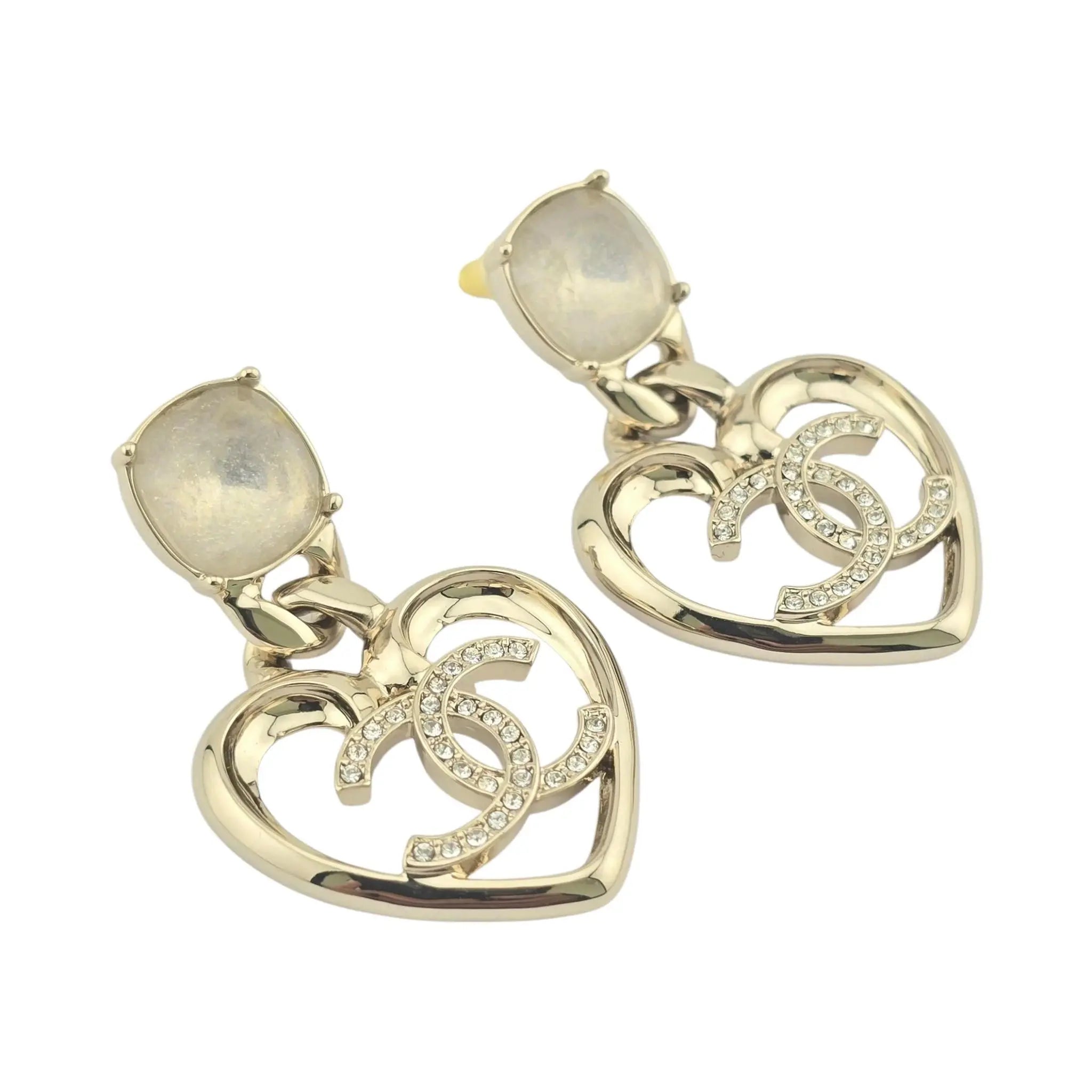 Chanel CC Strass CC Heart Drop Earrings Gold 2023 CHANEL