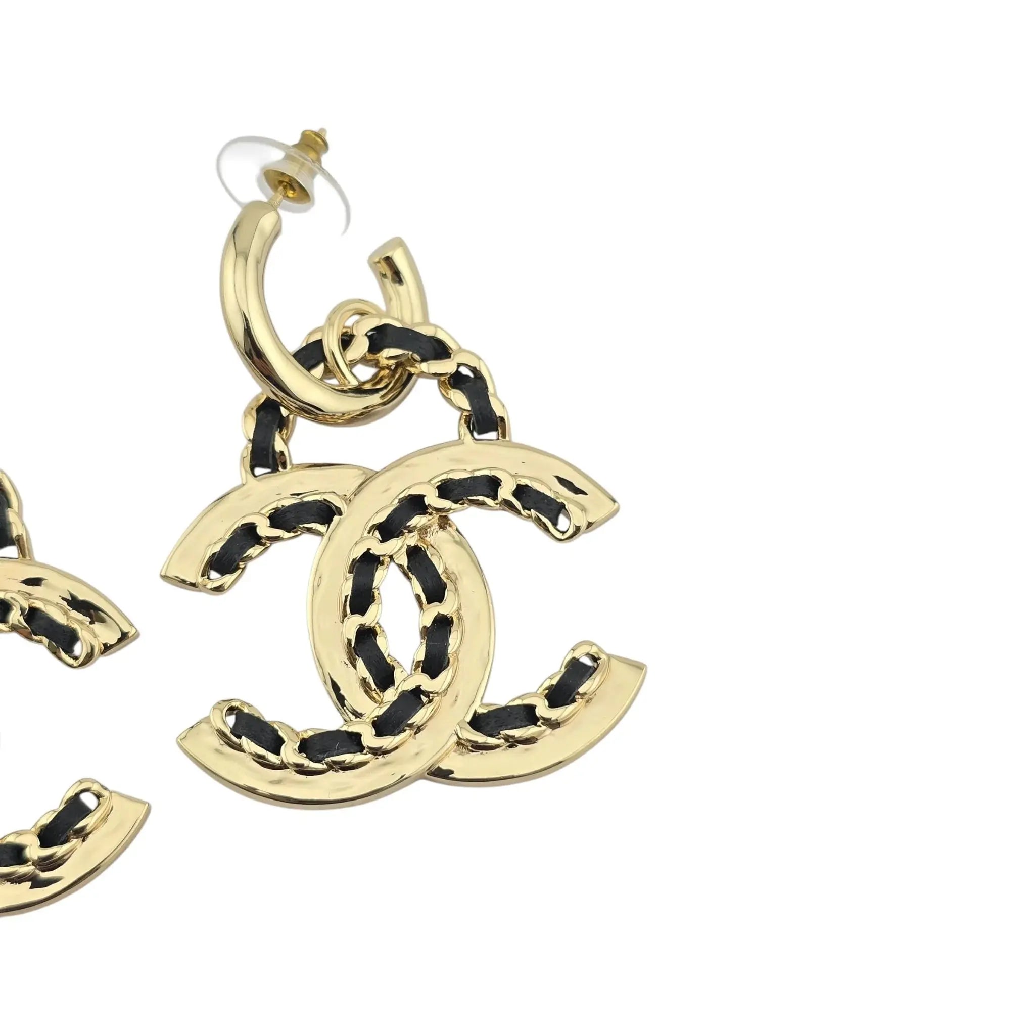 Chanel CC Gold Black Woven Leather Drop Earrings 2021 CHANEL