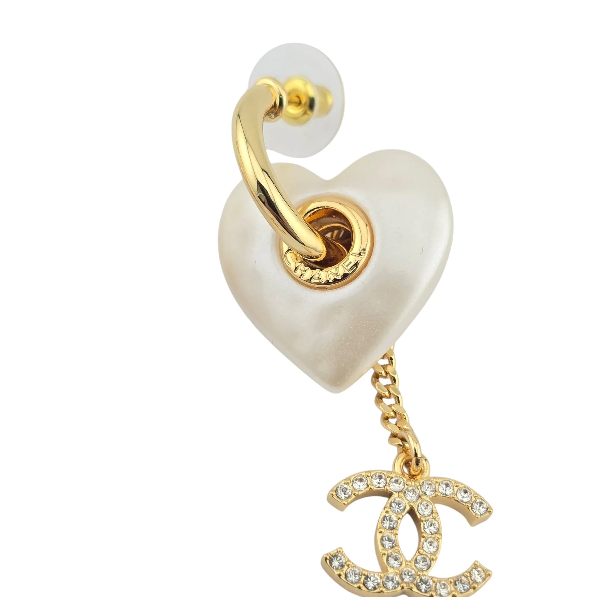Chanel CC White Resin Heart Chain Earrings CHANEL