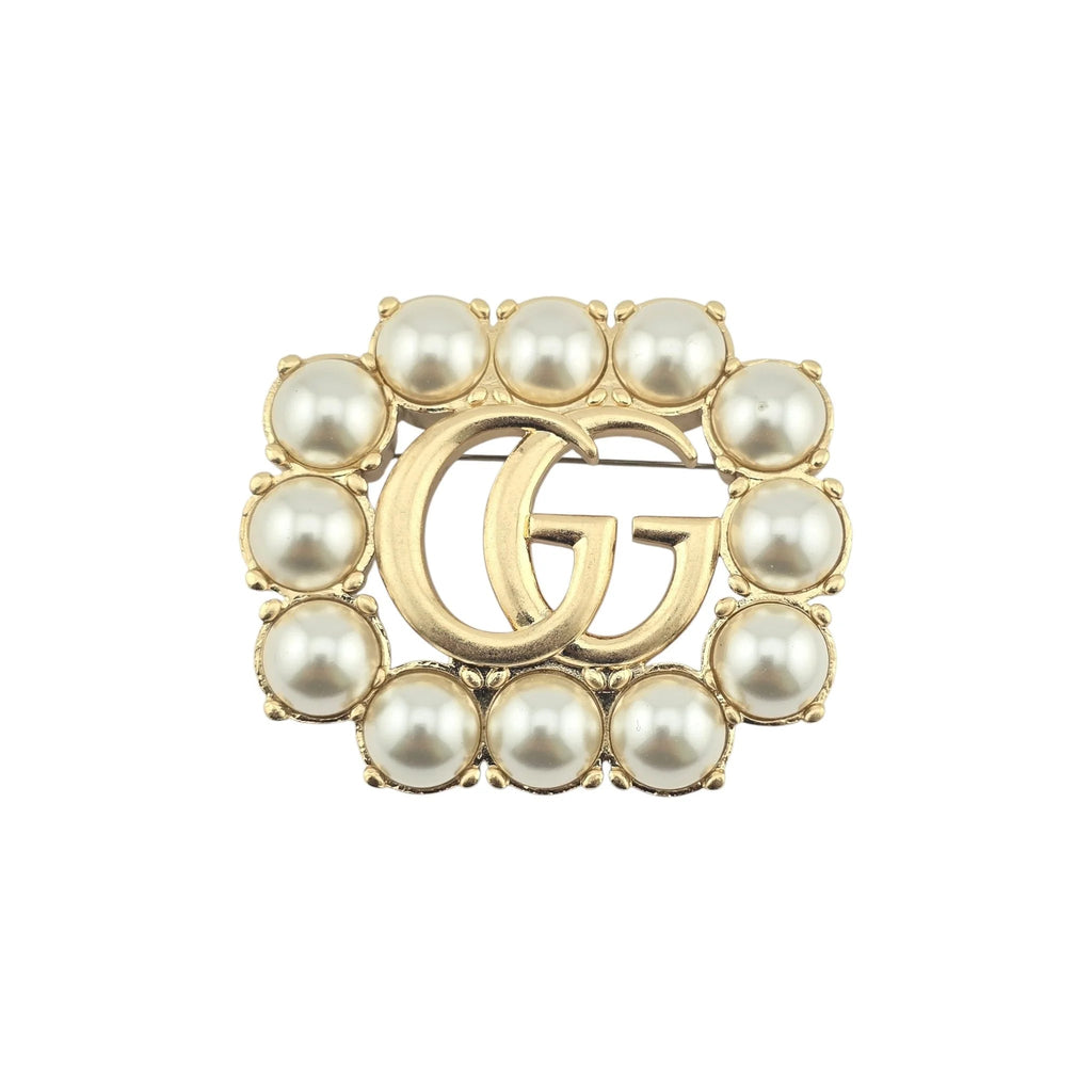 GUCCI GG Pearl Double G Brooch Aged Gold GUCCI