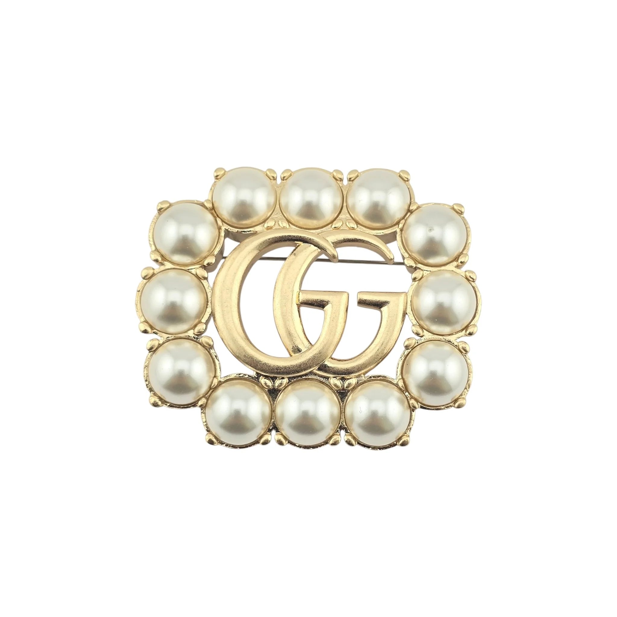 GUCCI GG Pearl Double G Brooch Aged Gold GUCCI