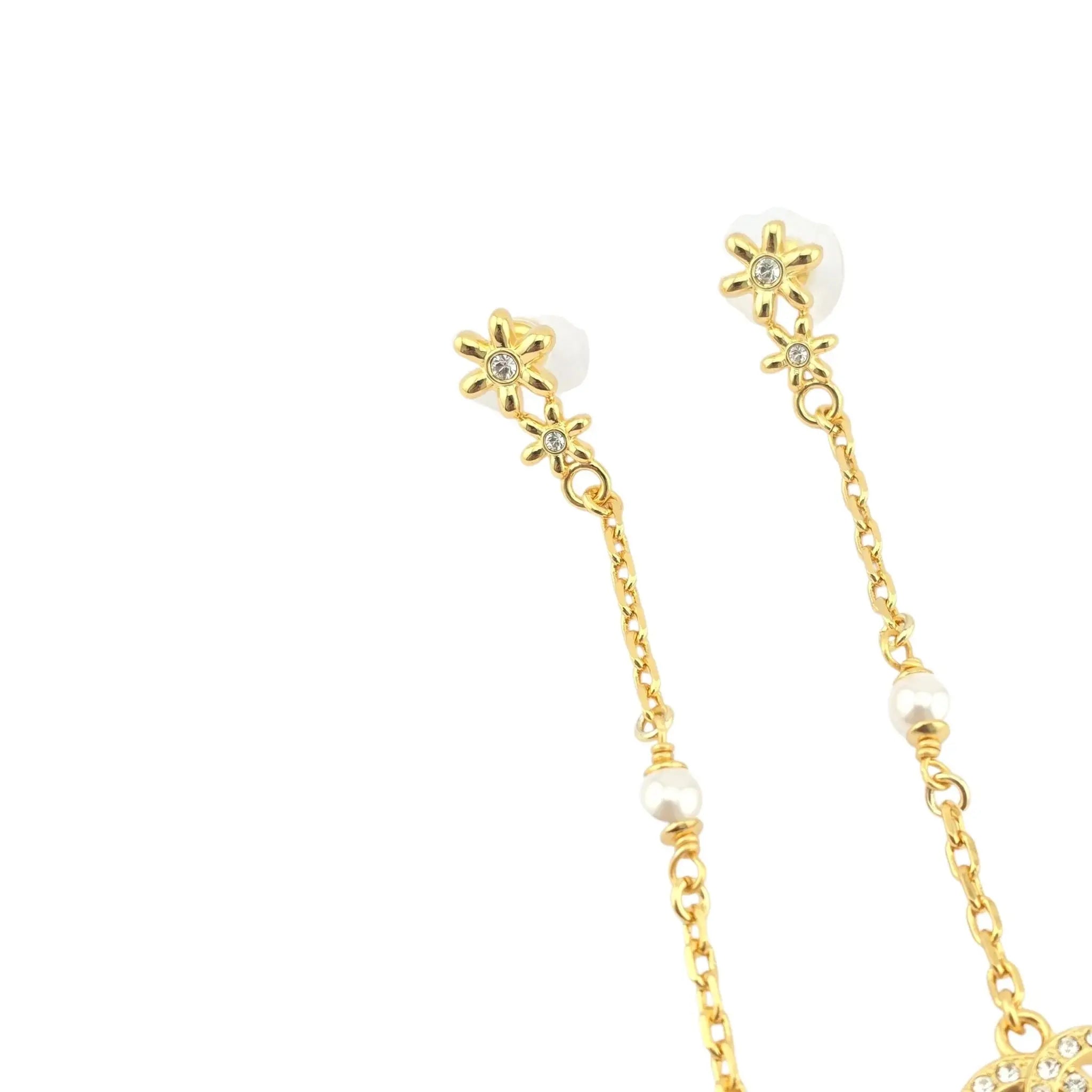 Chanel CC Gold Crystal Floral Drop Earrings 2023 CHANEL