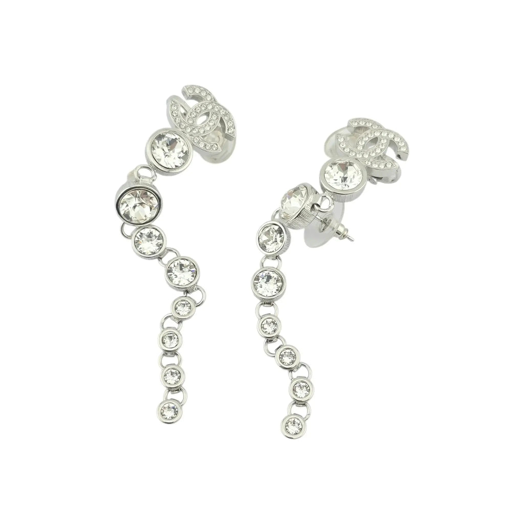 Chanel CC Crystal Cuff Climber Long Drop Earrings Silver 2023 CHANEL