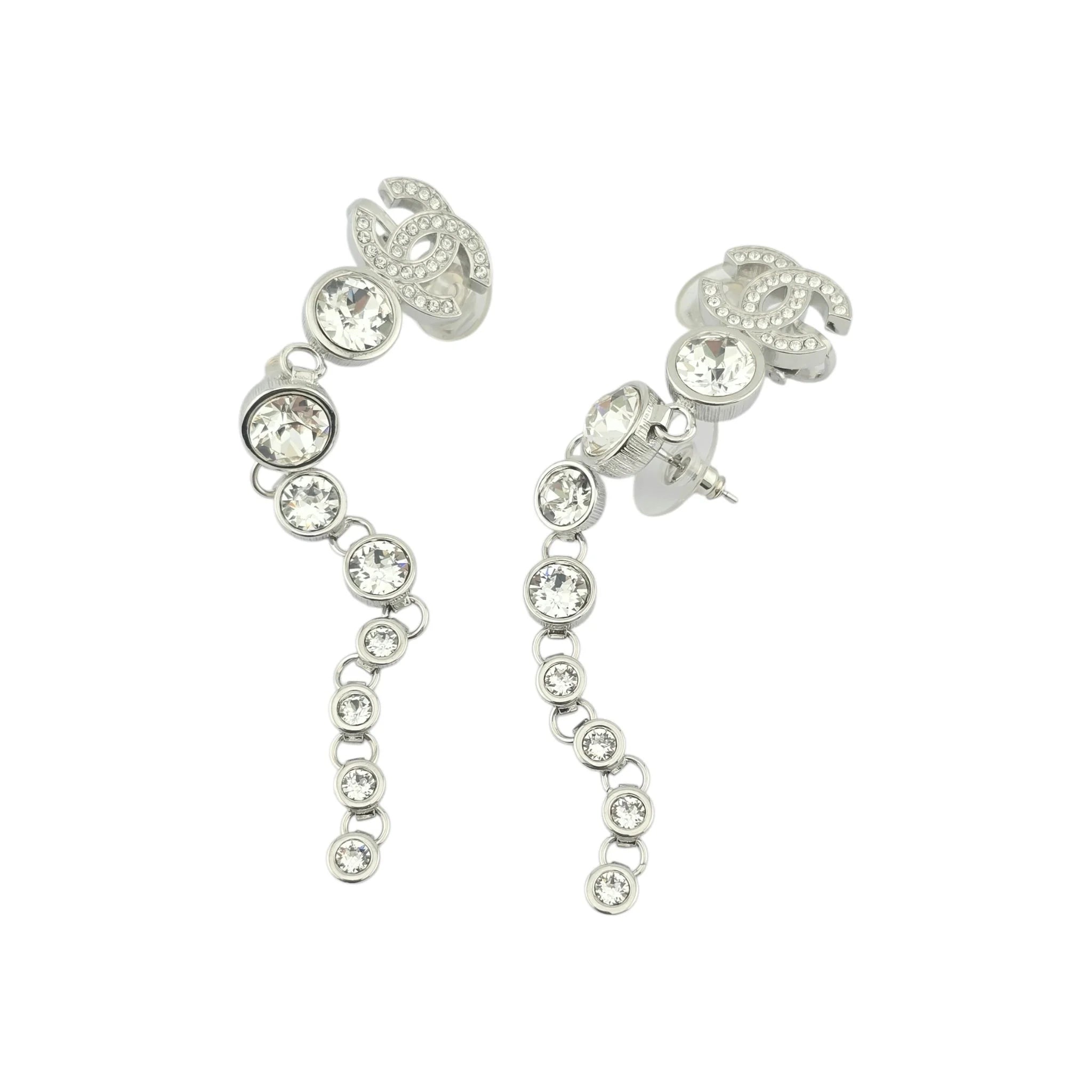 Chanel CC Crystal Cuff Climber Long Drop Earrings Silver 2023 CHANEL