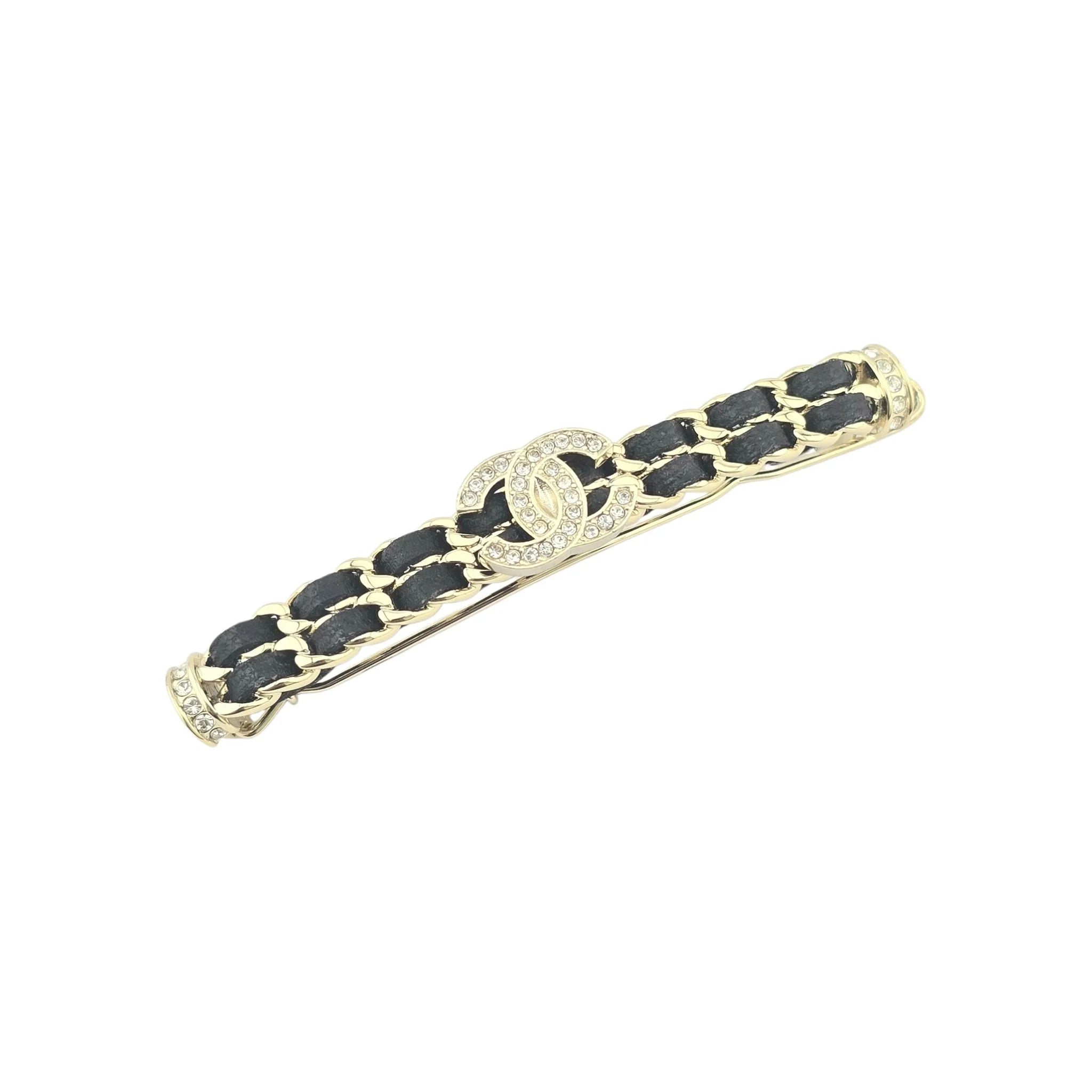 Chanel CC Black Leather Crystal Hair Barrette Clip B21 CHANEL