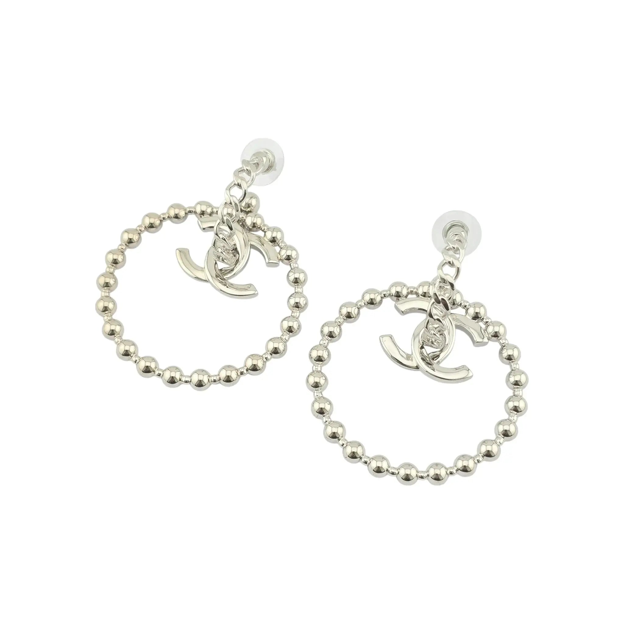 Chanel Silver Metal Tone CC Cross Chain Hoop Earrings 2022 CHANEL