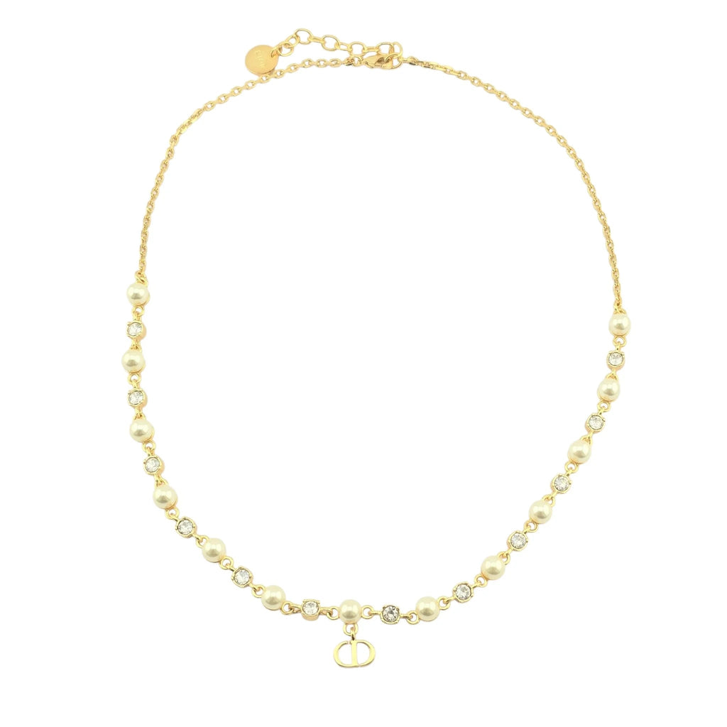 Christian Dior Petit CD Treasure Necklace Metal Resin Pearl Crystal Chain DIOR