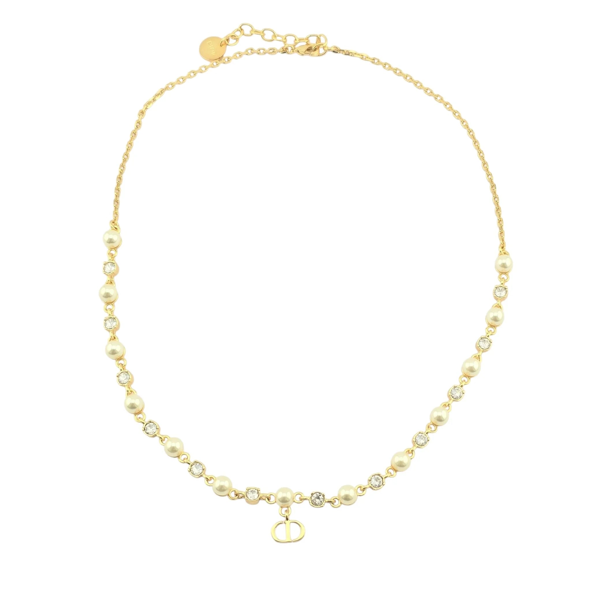 Christian Dior Petit CD Treasure Necklace Metal Resin Pearl Crystal Chain DIOR