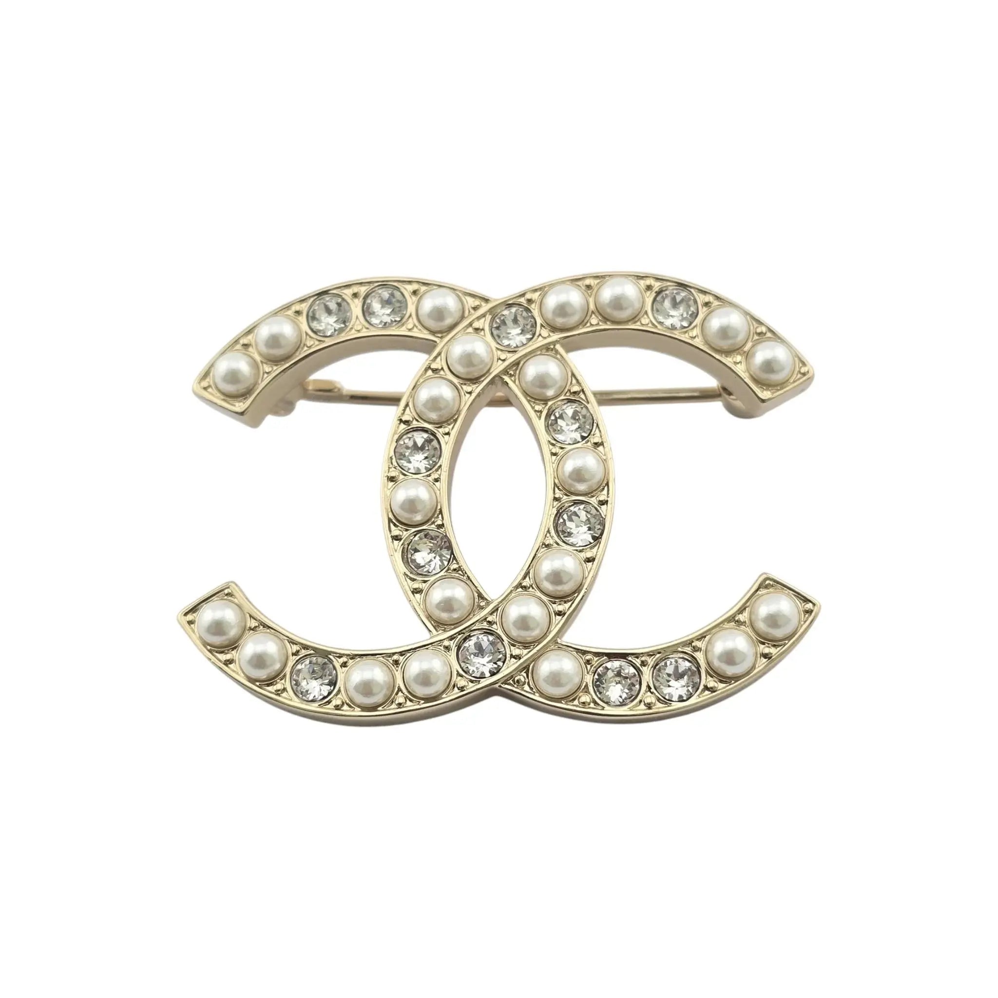 Chanel CC Gold Crystal Faux Pearl Brooch 2023 CHANEL