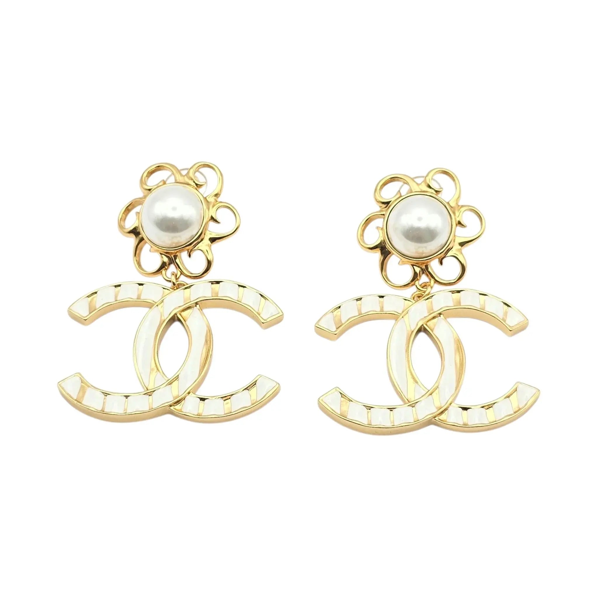 Chanel 23C XL Gold White Stripe Clip On Dangle Drop Earrings CHANEL