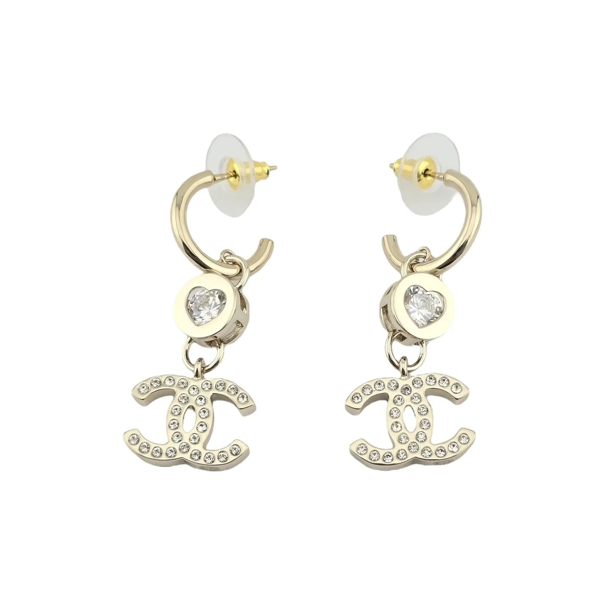 Chanel CC Crystal Heart Drop Earrings Gold CHANEL
