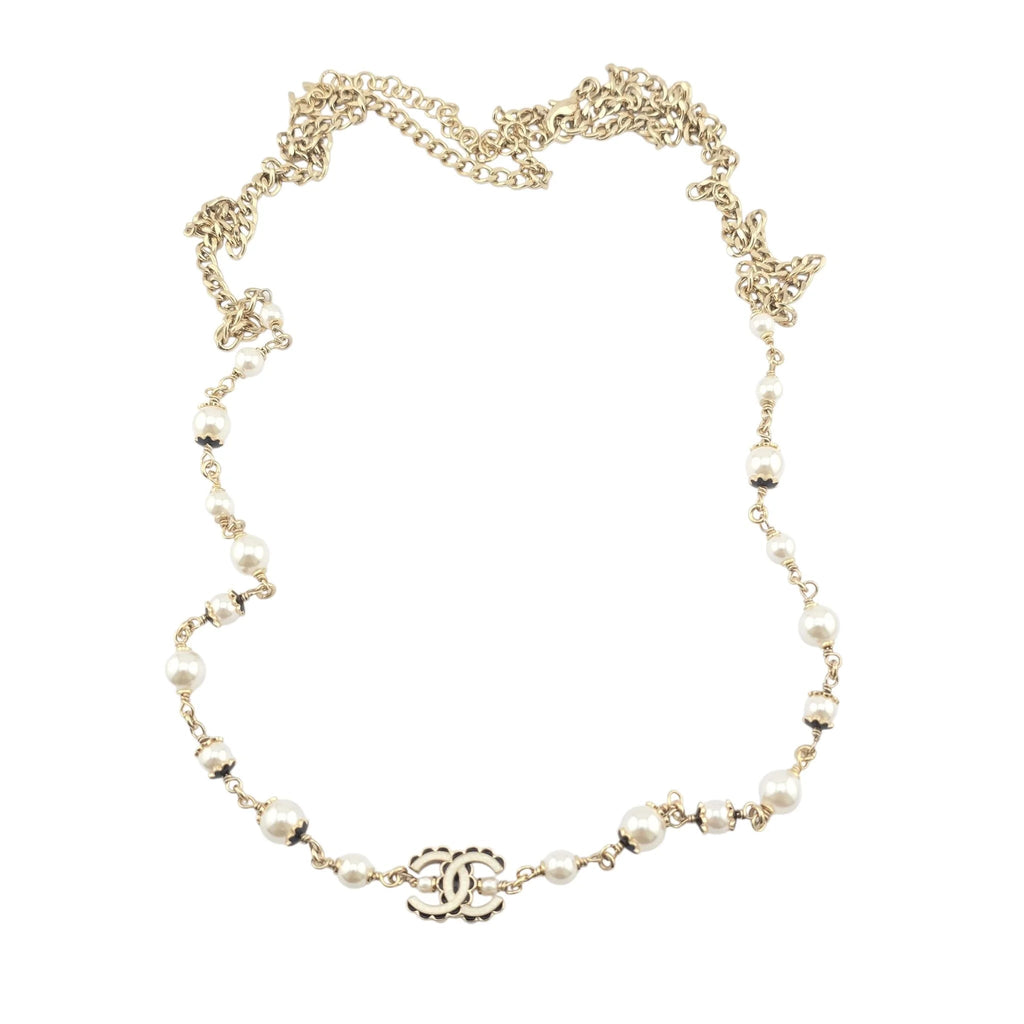 Chanel CC Pearl Gold Long Necklace Black White 2024 CHANEL