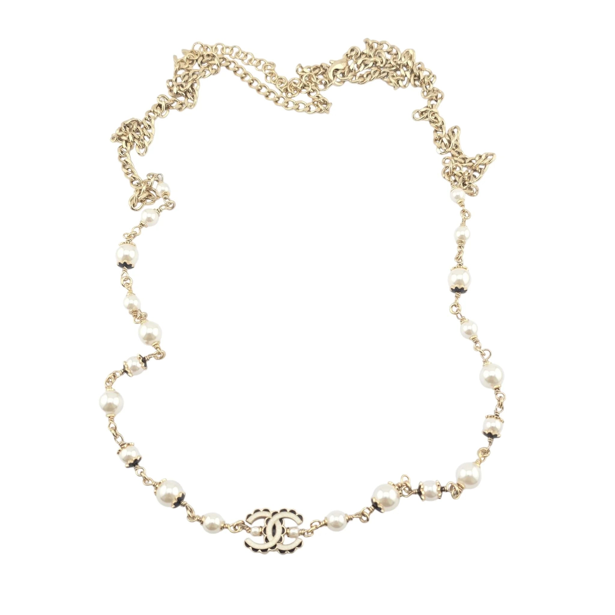 Chanel CC Pearl Gold Long Necklace Black White 2024 CHANEL