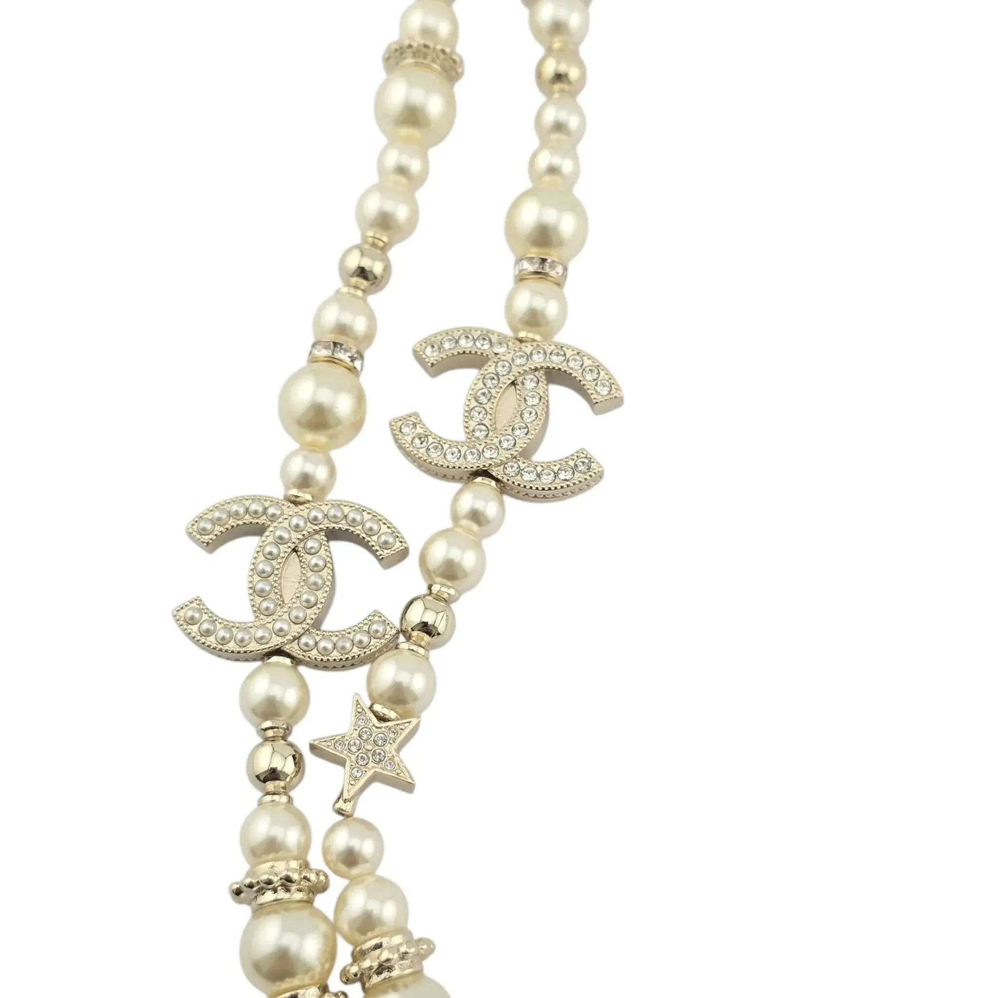 Chanel CC Long Faux Pearl Necklace Star Crystals 2023 CHANEL
