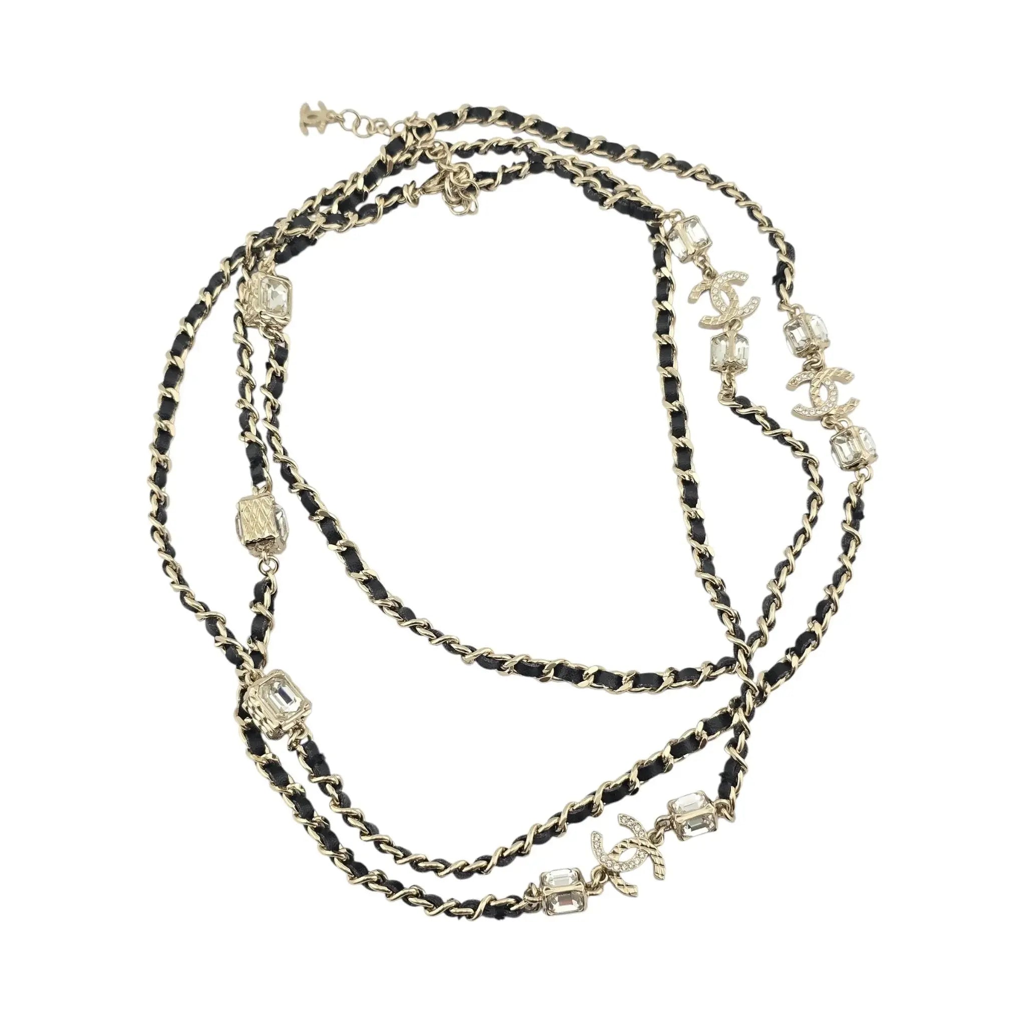Chanel CC Gold Black Leather Long Necklace A23 CHANEL