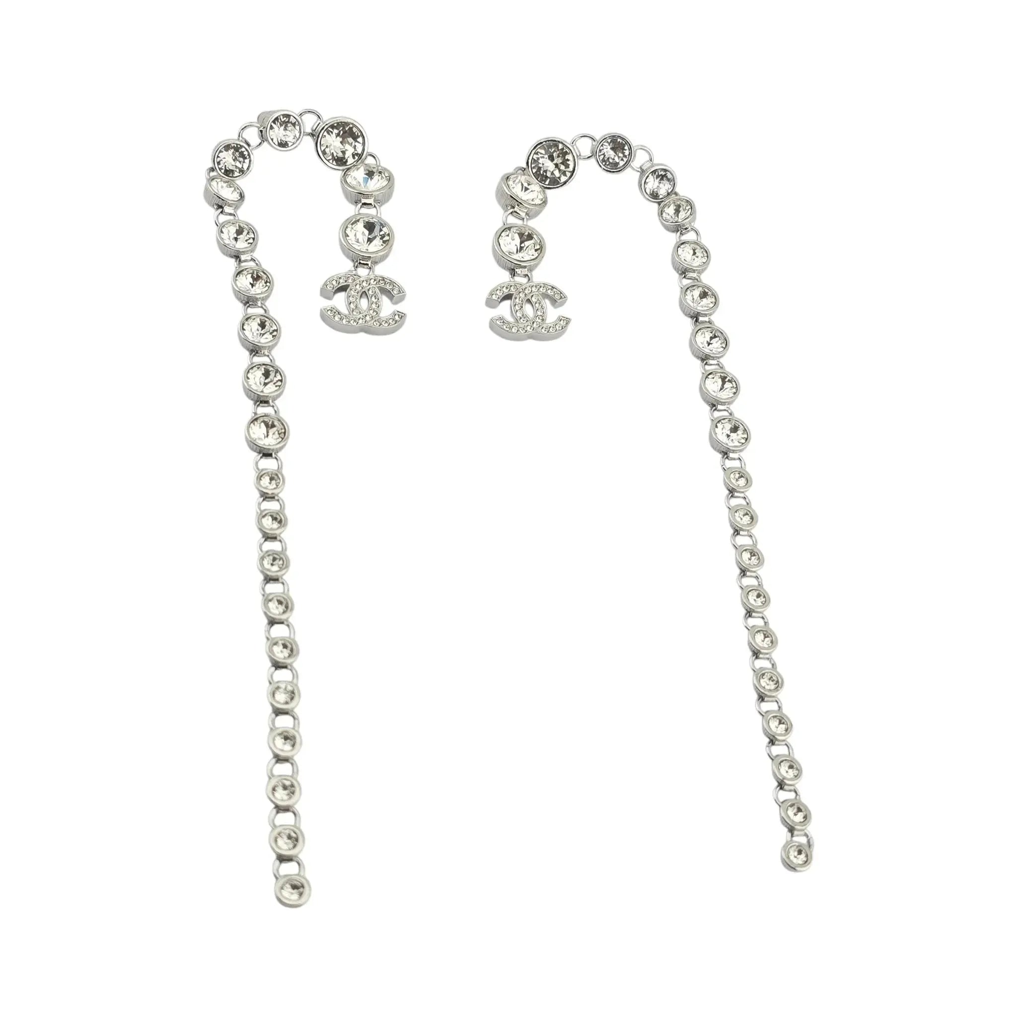 Chanel Crystal CC Long Drop Earrings Silver 2023 CHANEL