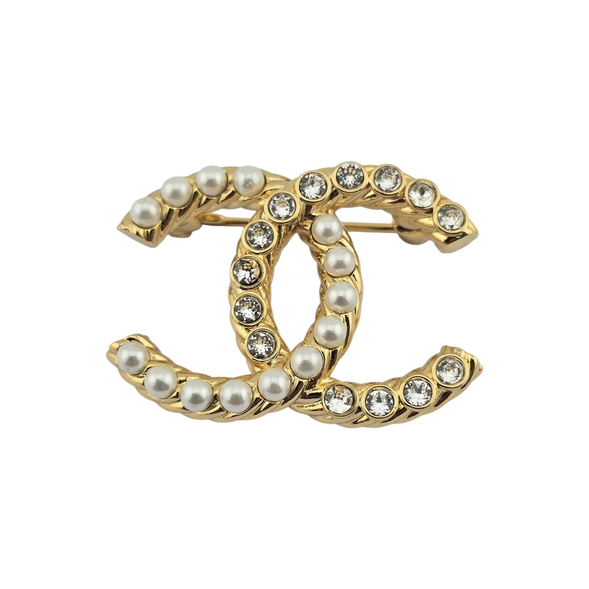 Chanel CC Gold Faux Pearls Crystals Brooch 2023 CHANEL