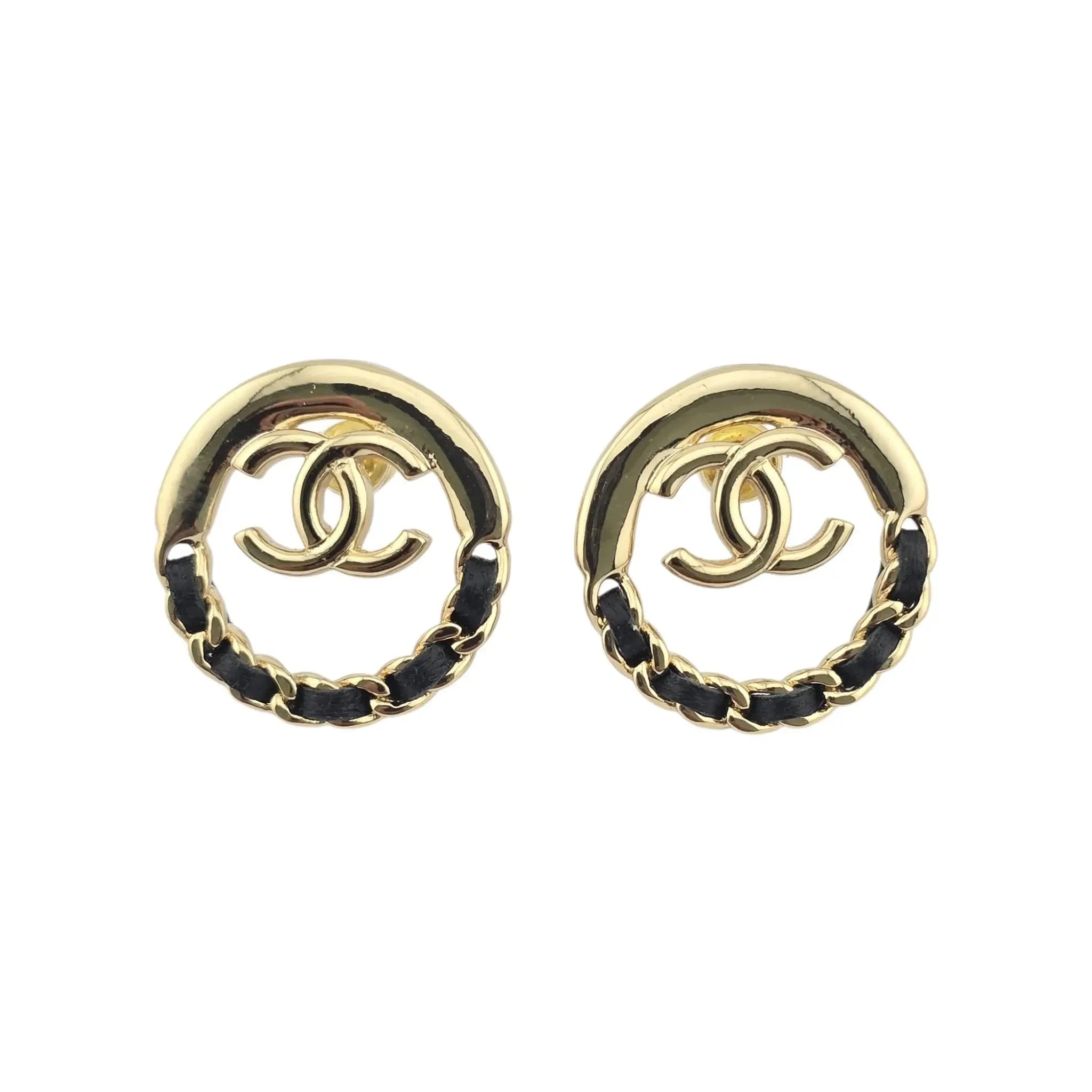 Chanel CC Round Gold Black Leather Earrings 2022 CHANEL