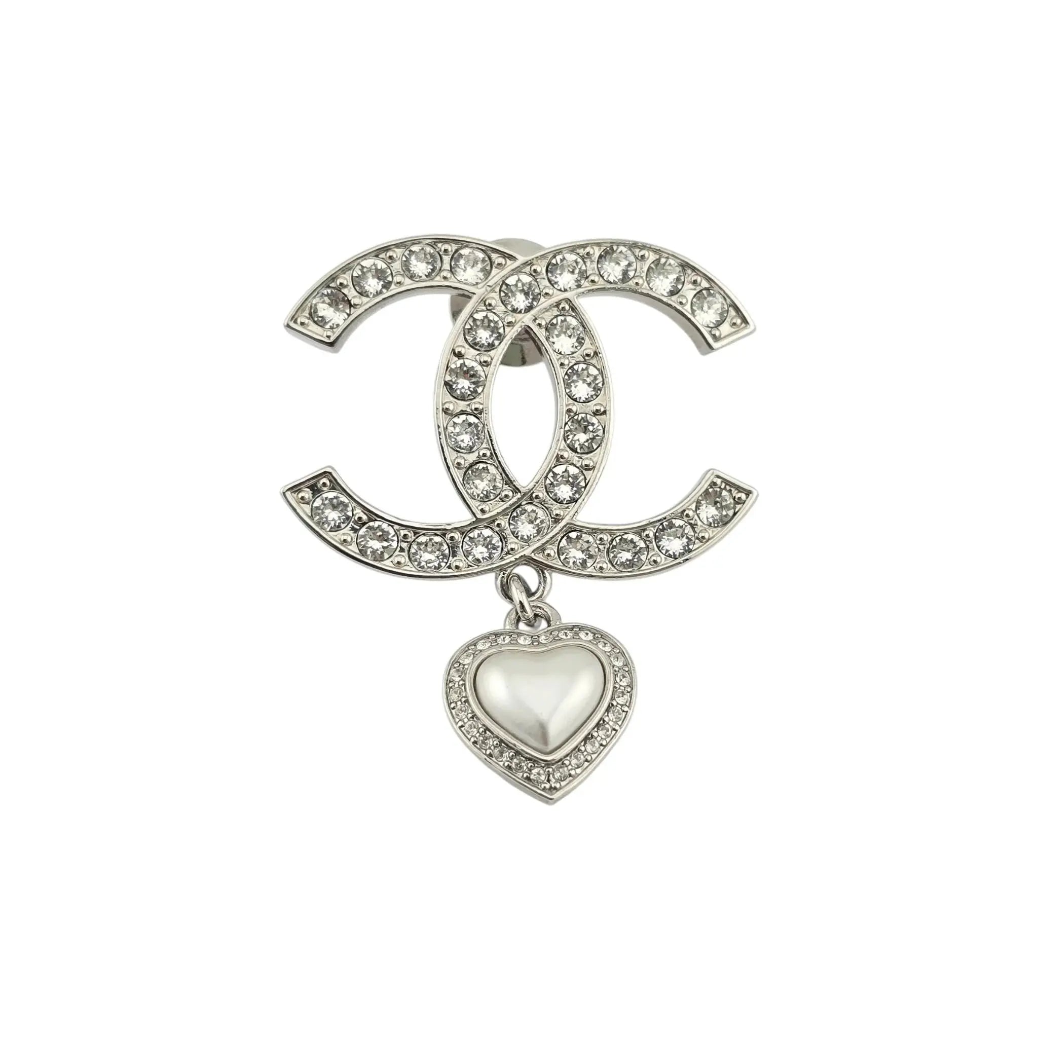 Chanel Crystal Pearl CC Heart Drop Brooch Silver B23 CHANEL