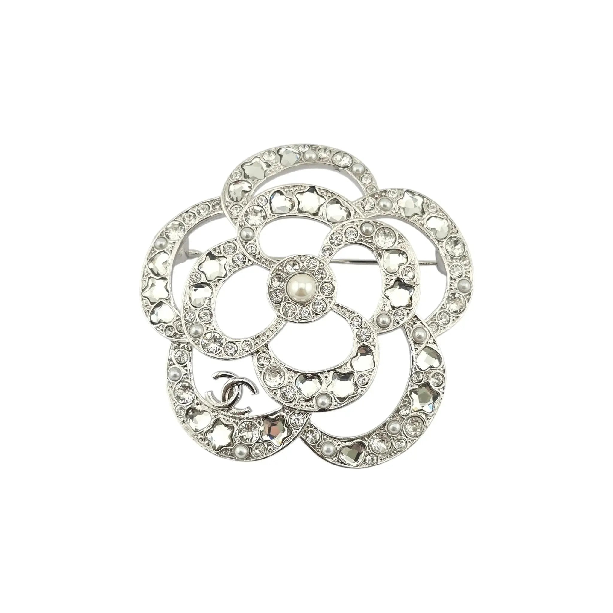Chanel CC Silver Crystal Camellia Flower Brooch 2025 CHANEL