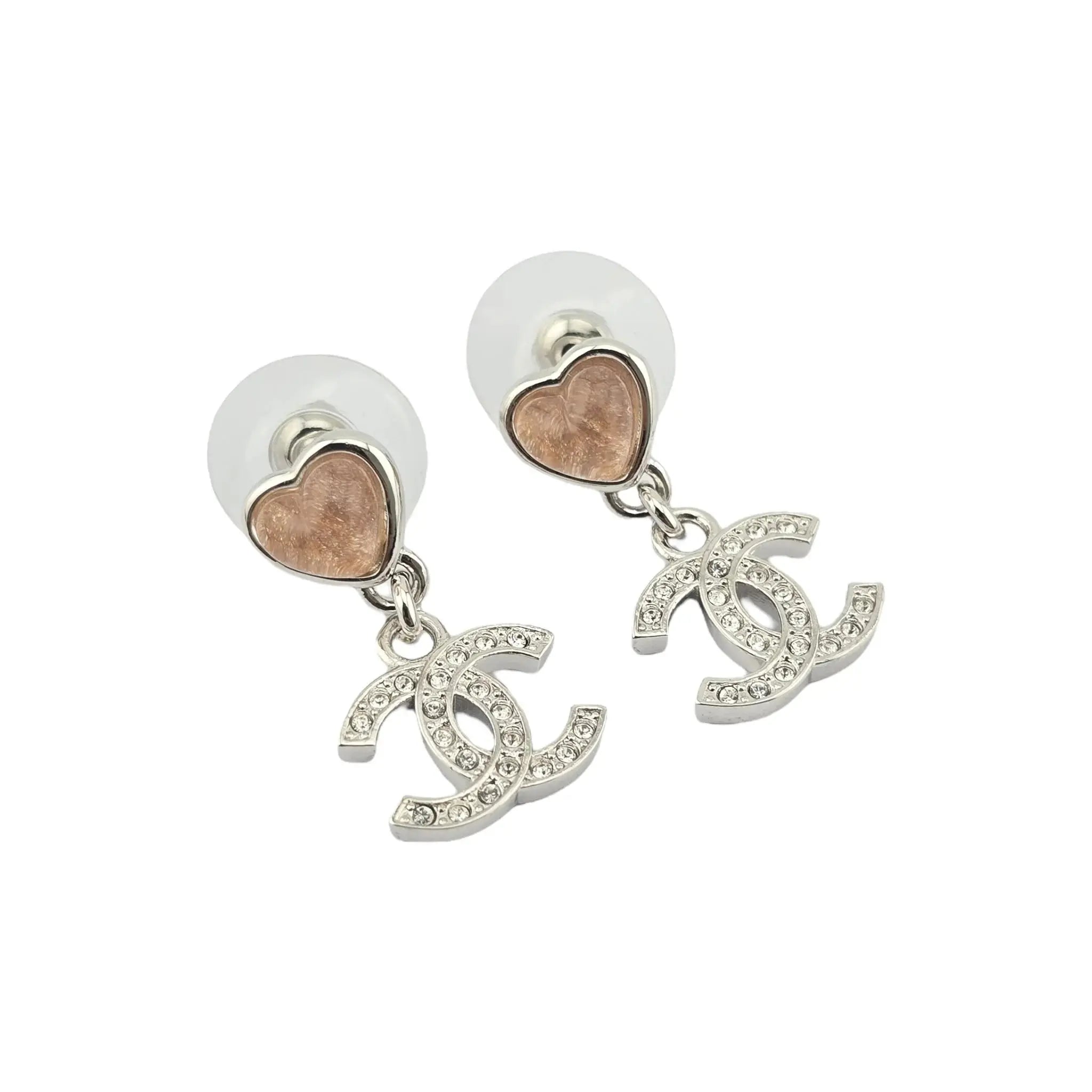 Chanel CC Silver Pink Heart Drop Earrings 2025 CHANEL