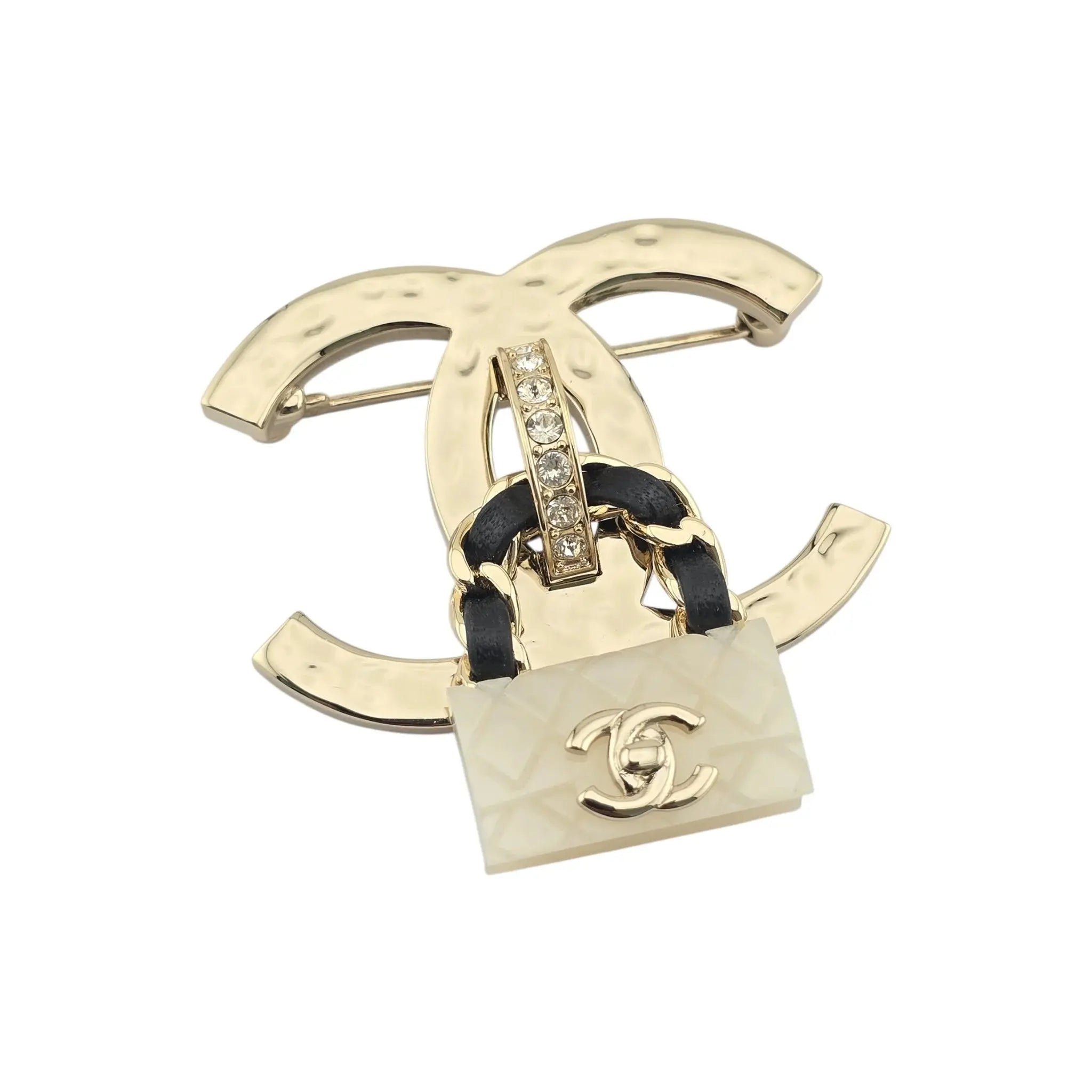Chanel CC Crystal Resin Flap Bag Brooch Gold White 2023 CHANEL