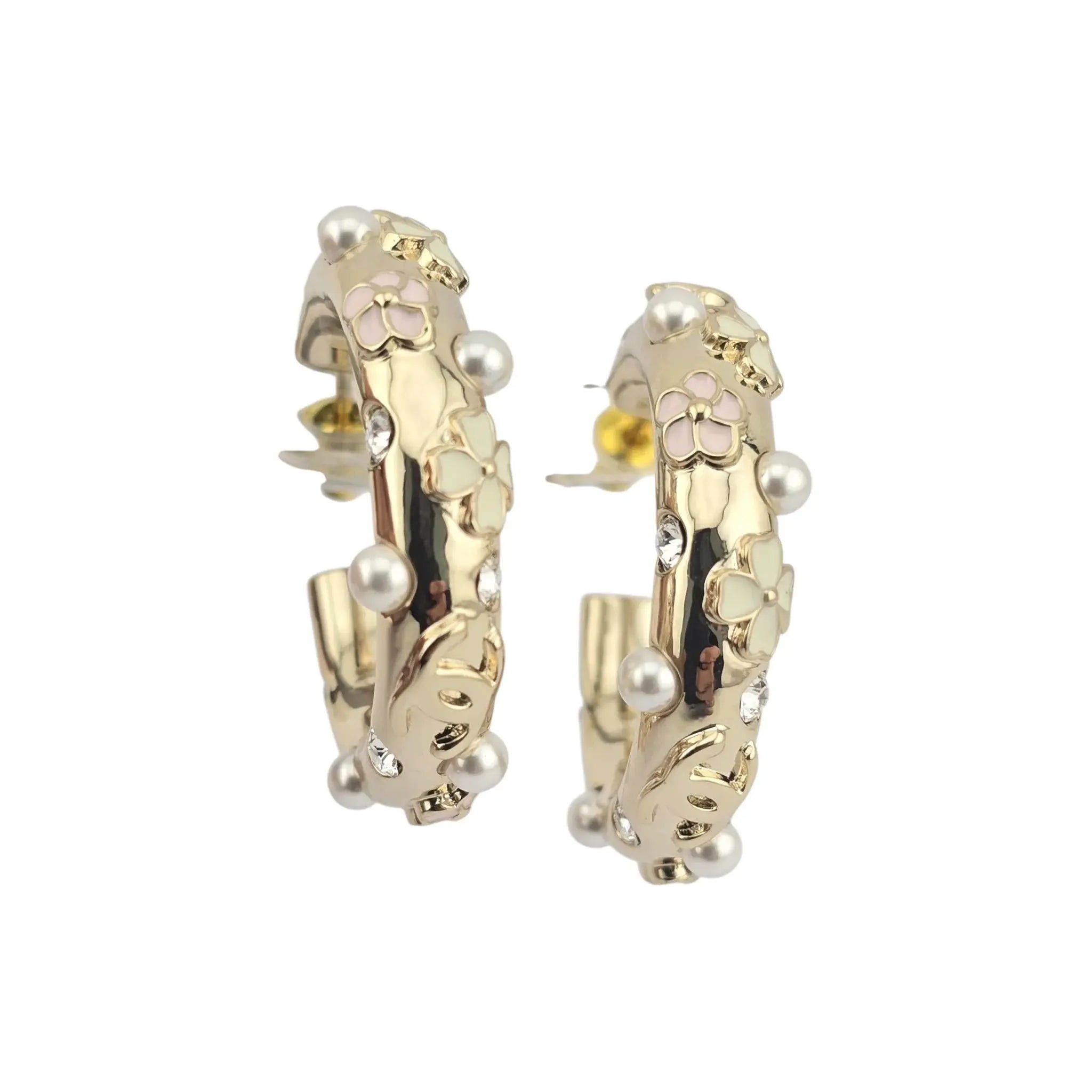 Chanel CC Pearl Clover Camellia Hoop Earrings B22 CHANEL