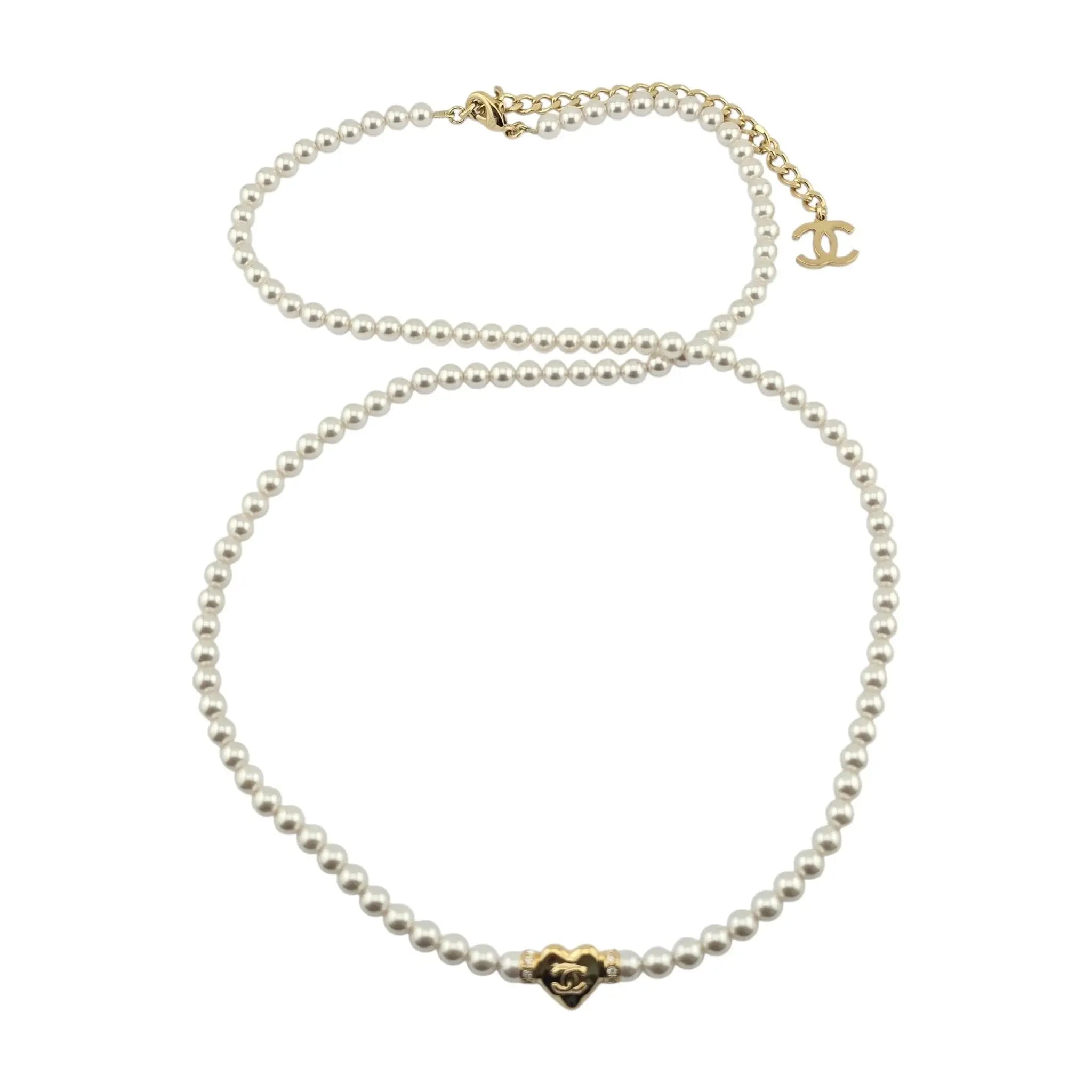 Chanel CC Long Faux Pearl Gold Heart Necklace CHANEL