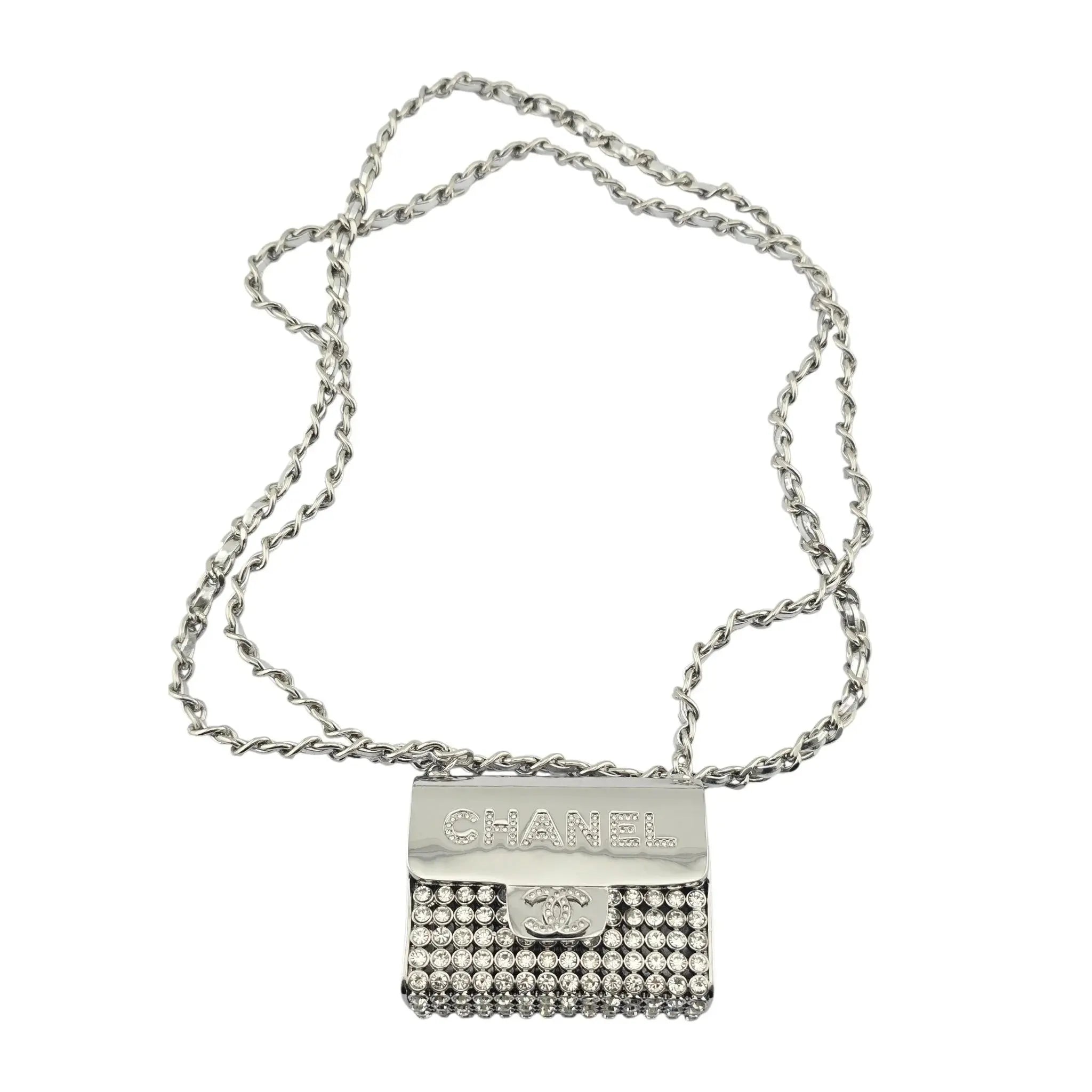 Chanel CC Metal Lambskin Strass Crystal Mini Bag Long Necklace Silver CHANEL