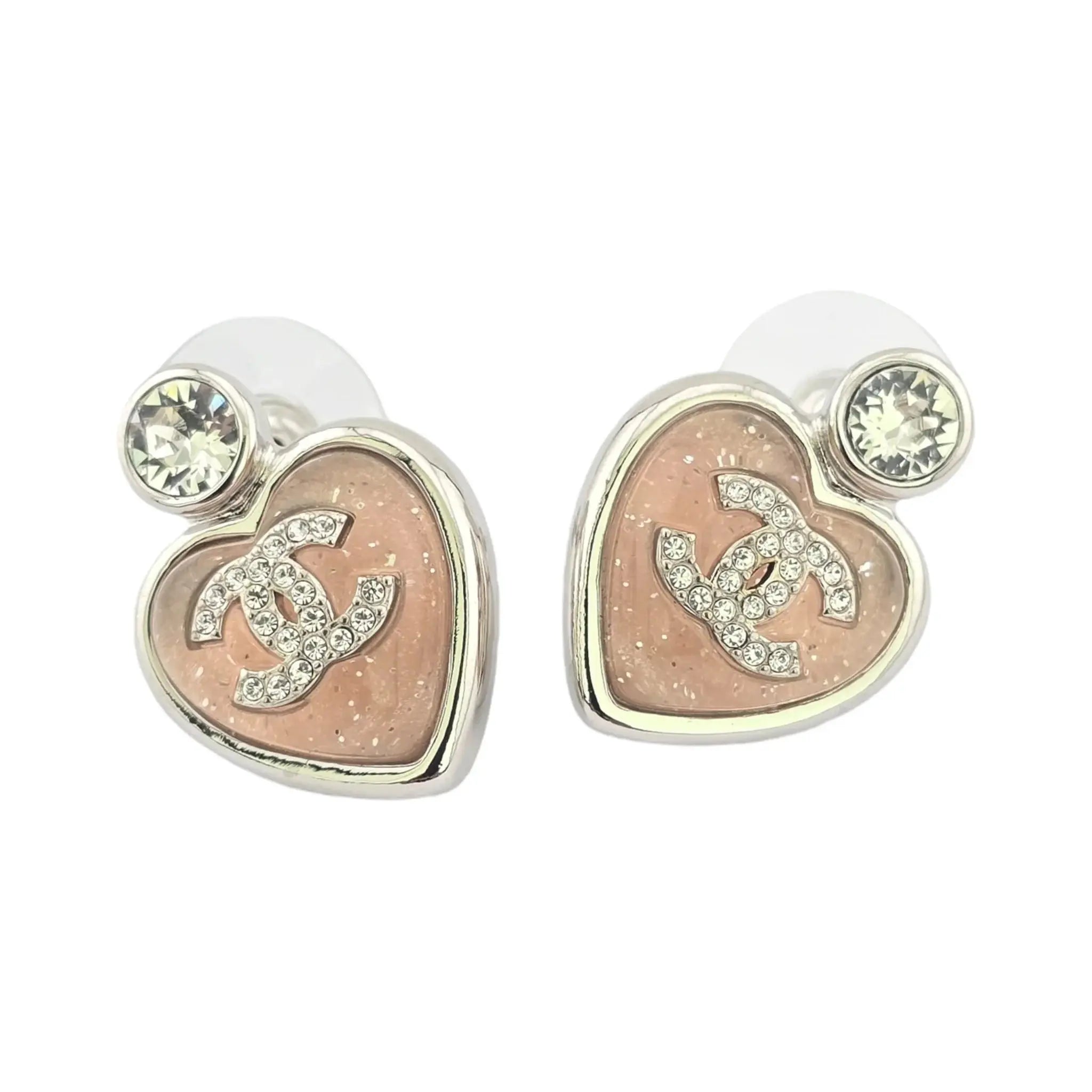 Chanel CC Pink Heart Silver Crystal Metal Earrings B25 CHANEL