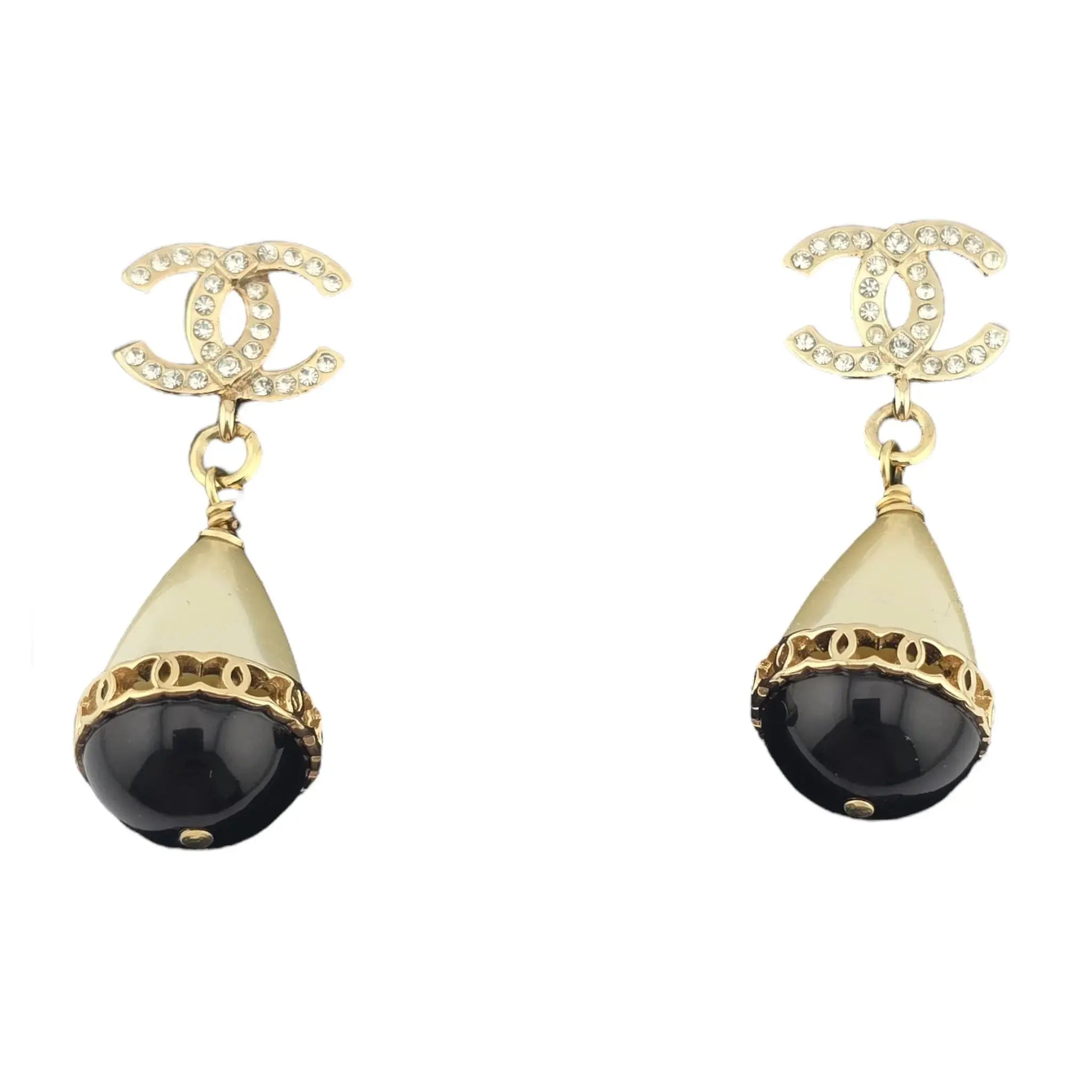 Chanel Crystal Pearl CC Drop Earrings Gold Black CHANEL