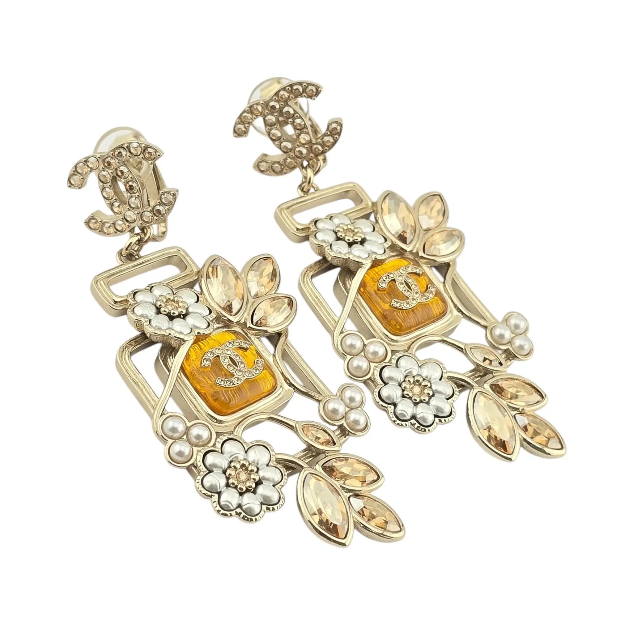 Chanel CC Floral Perfume Bottle Clip-On Earrings 2022 CHANEL