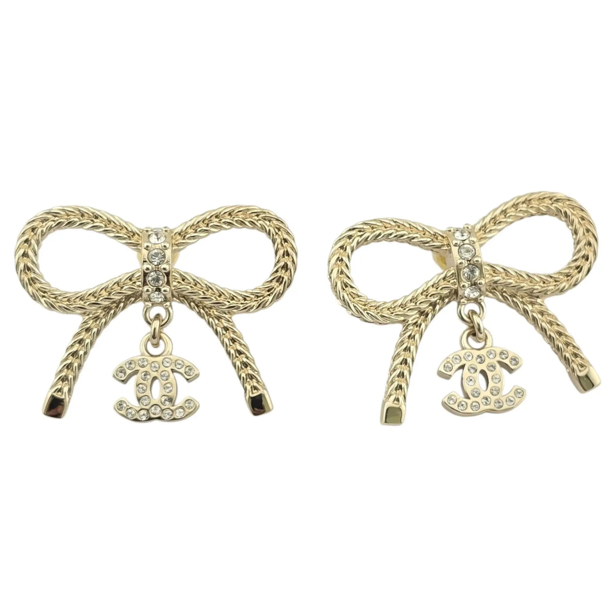 Chanel CC Crystal Bow Drop Earrings Gold 2024 CHANEL