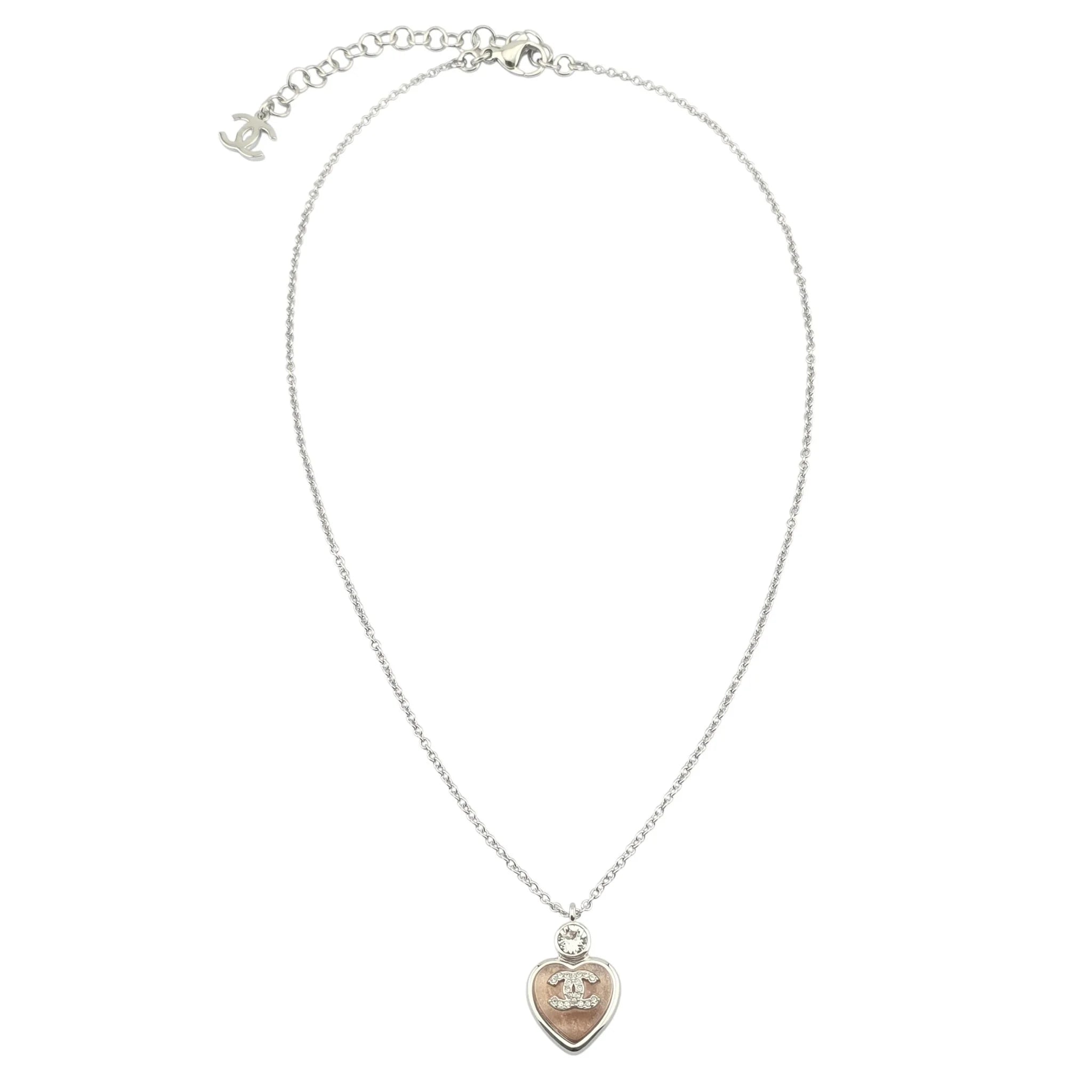 Chanel CC Pink Heart Silver Crystal Metal Necklace B25 CHANEL