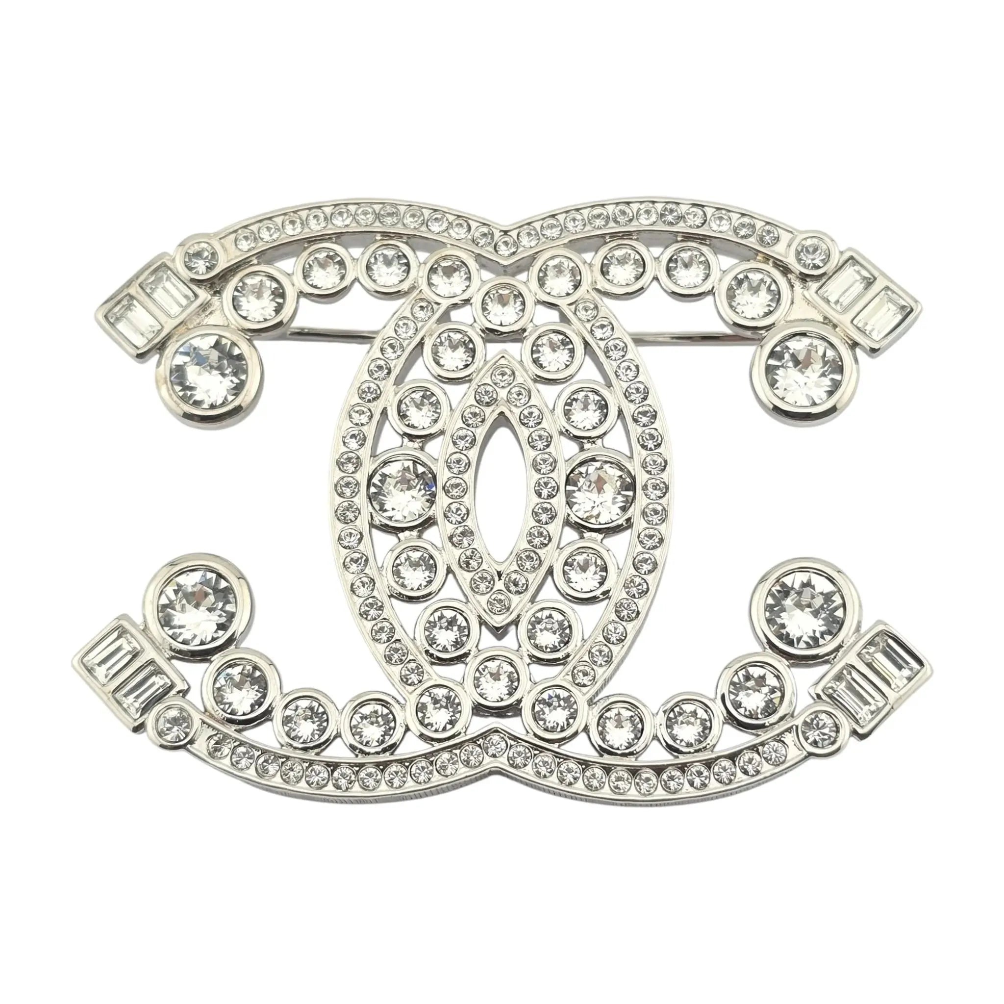 Chanel CC Metal Crystal Brooch Silver 2023 CHANEL