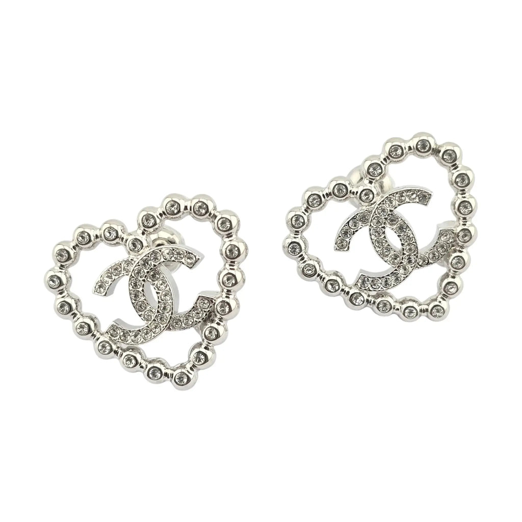 Chanel CC Crystal Heart Silver Earrings 2025 CHANEL