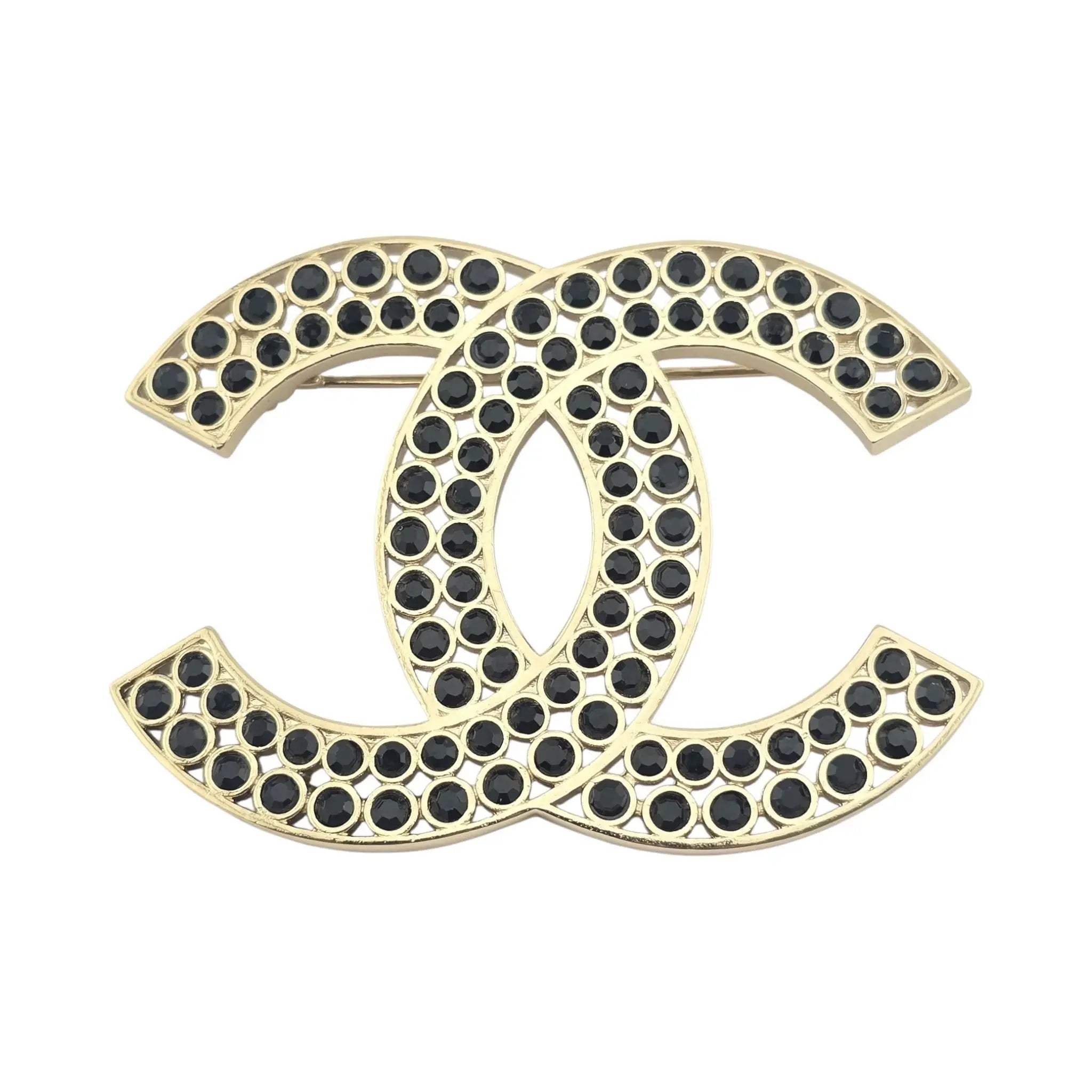 Chanel CC Metal Crystal Brooch Gold Black 2023 CHANEL