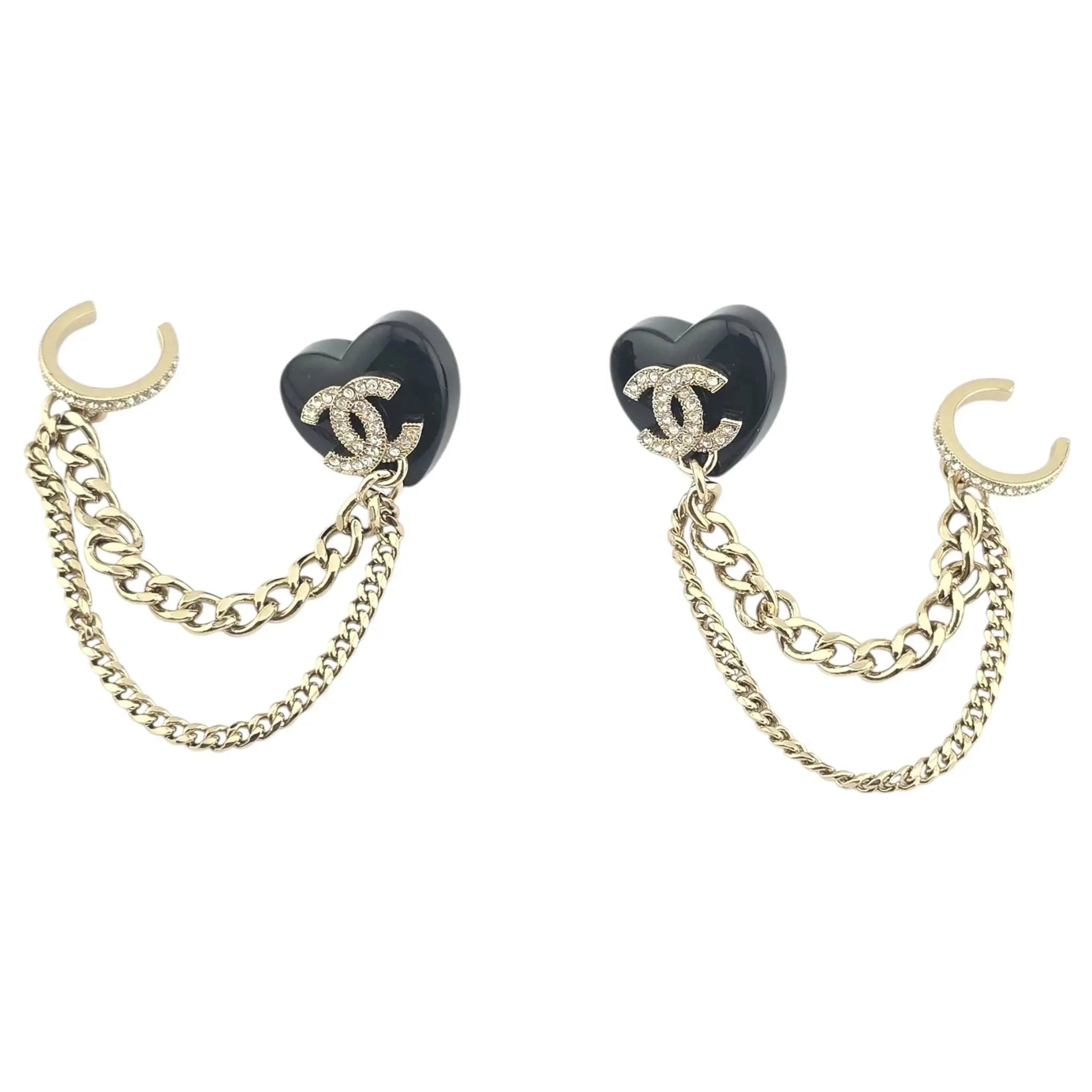 Chanel CC Resin Crystal Heart Chain Cuff Earrings Black Gold CHANEL