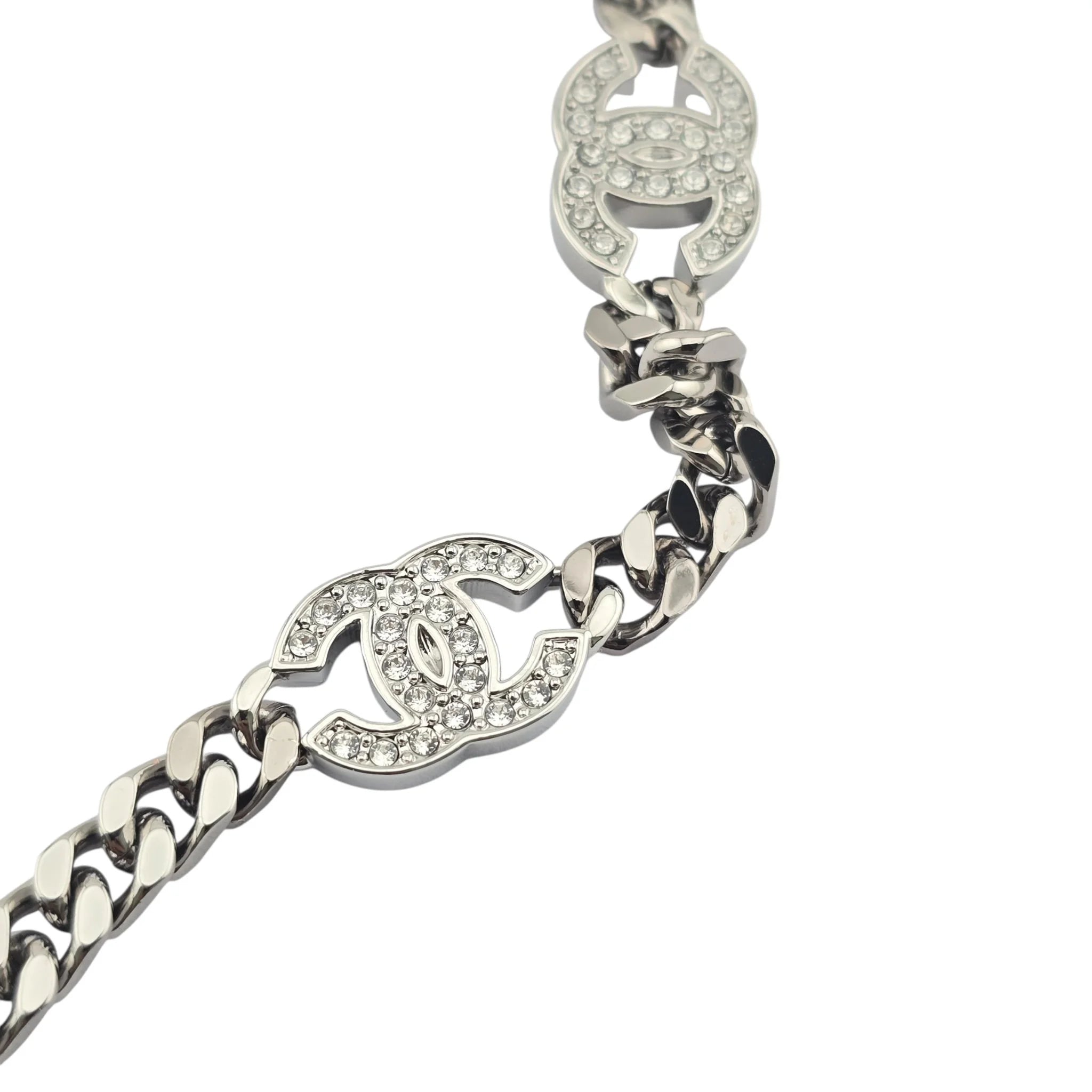 Chanel CC Ruthenium Crystal Chain Silver Long Necklace 2021 CHANEL