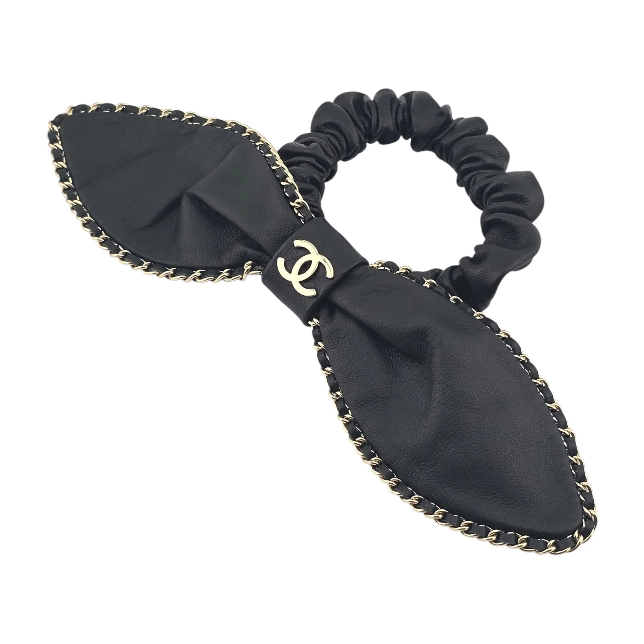 Chanel CC Lambskin Chain Hair Bow Tie Black Gold CHANEL