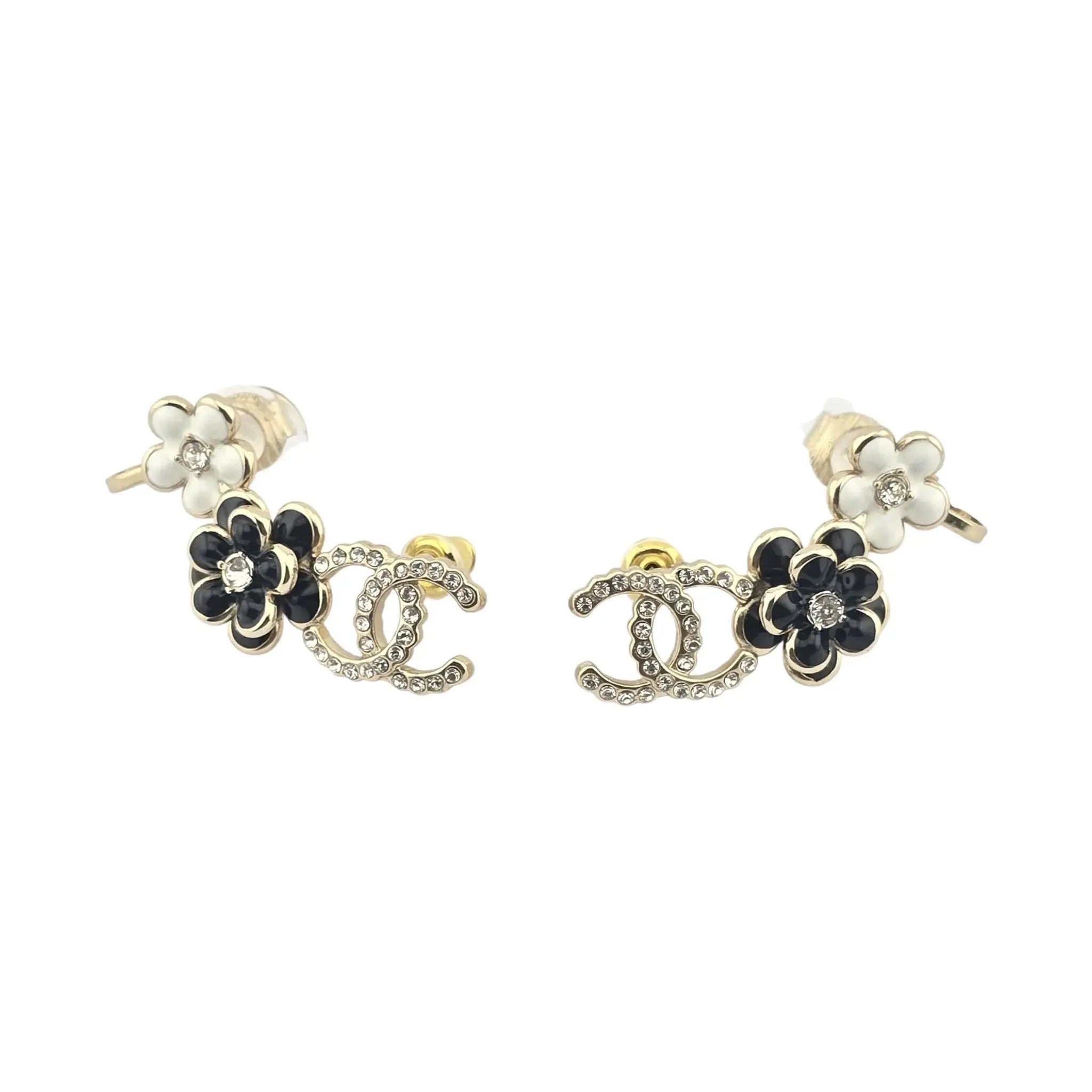 Chanel CC Crystal Enamel Camelia Clip On Stud  Earrings Black White CHANEL