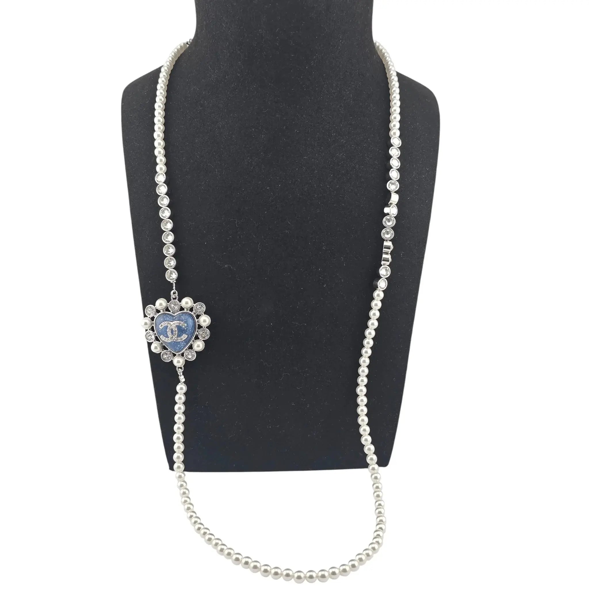 Chanel CC Long Faux Pearl Necklace Blue Heart 2025 CHANEL