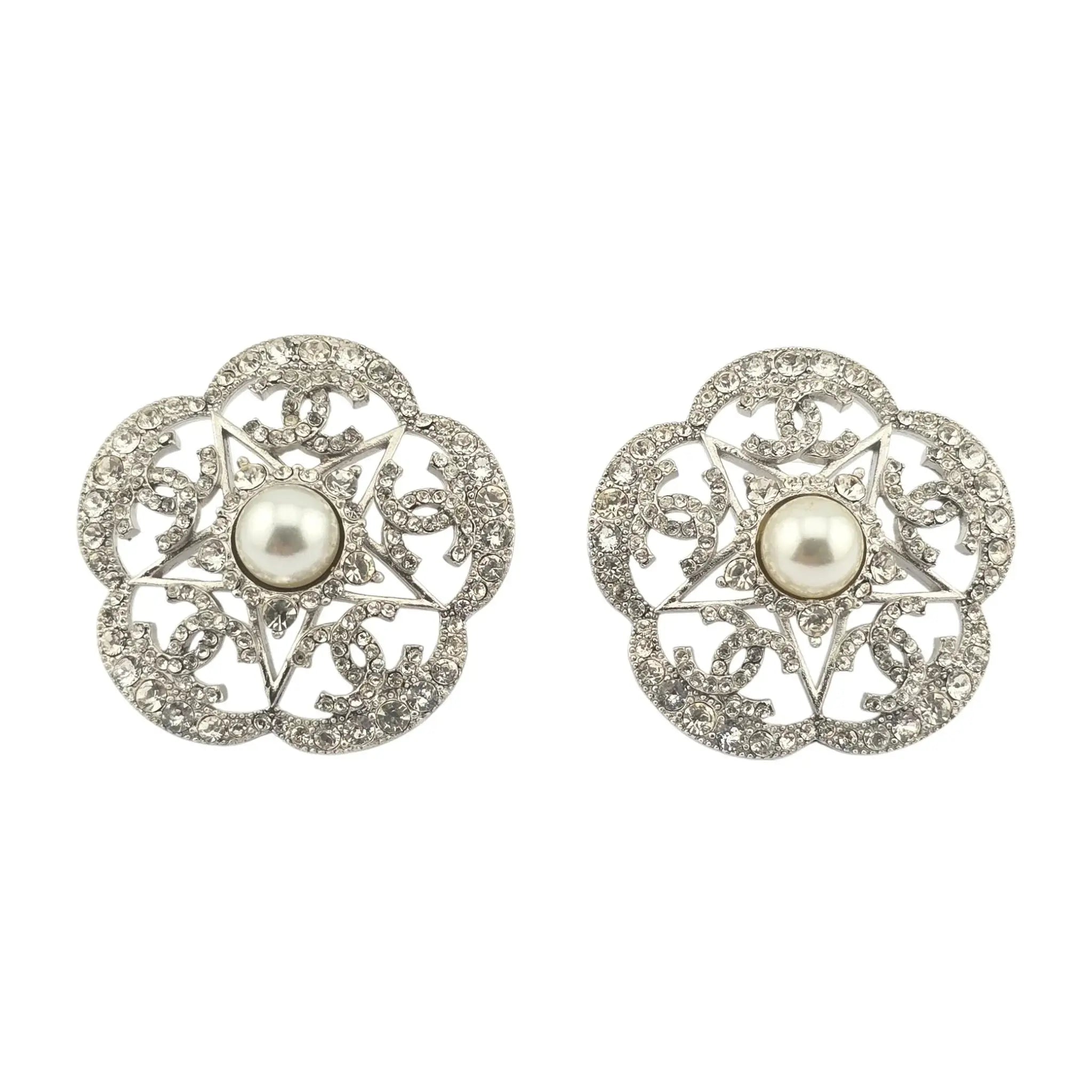 Chanel CC Silver Crystal Camellia Flower Earrings 2025 CHANEL
