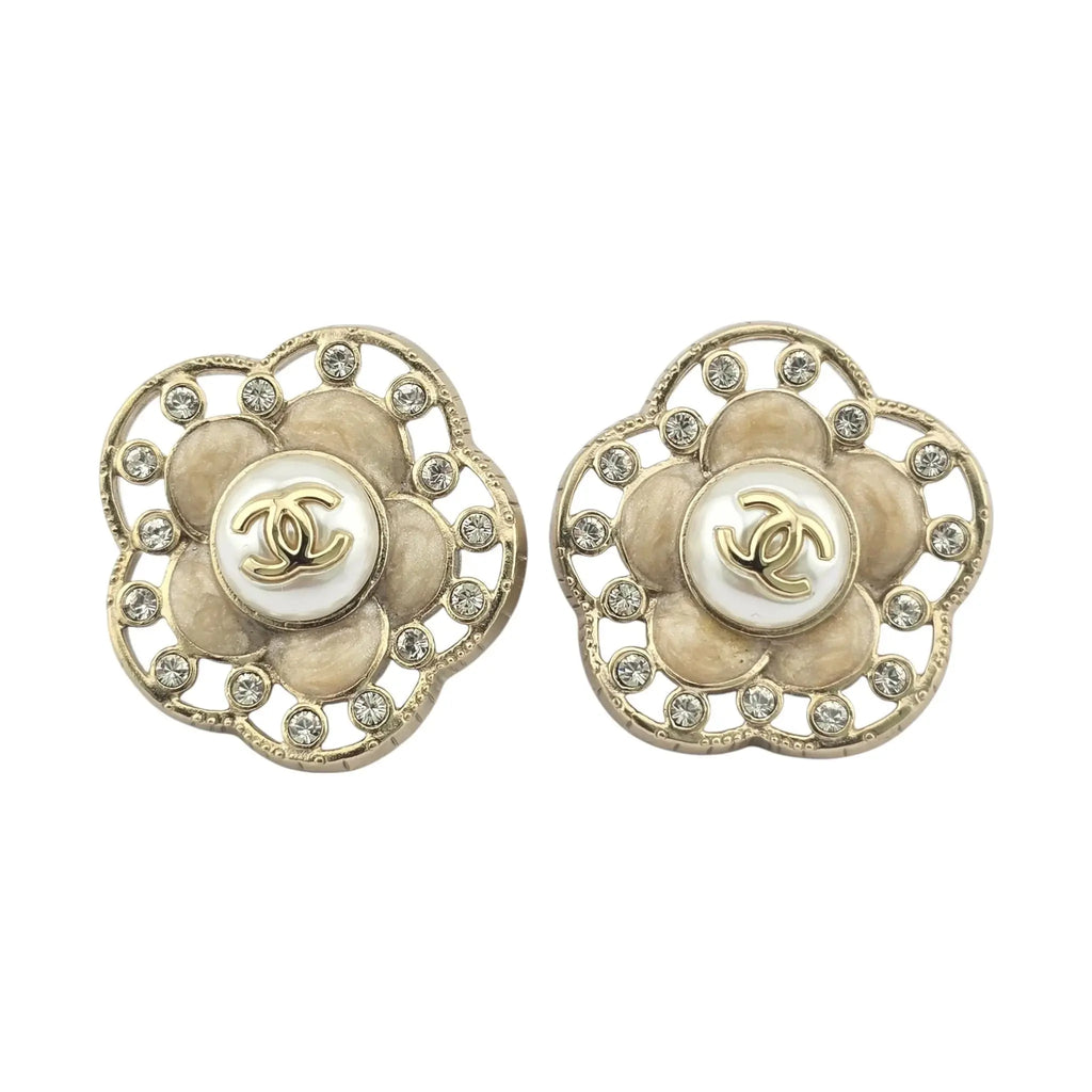 Chanel CC Enamel Crystal Pearl Camellia Earrings CHANEL