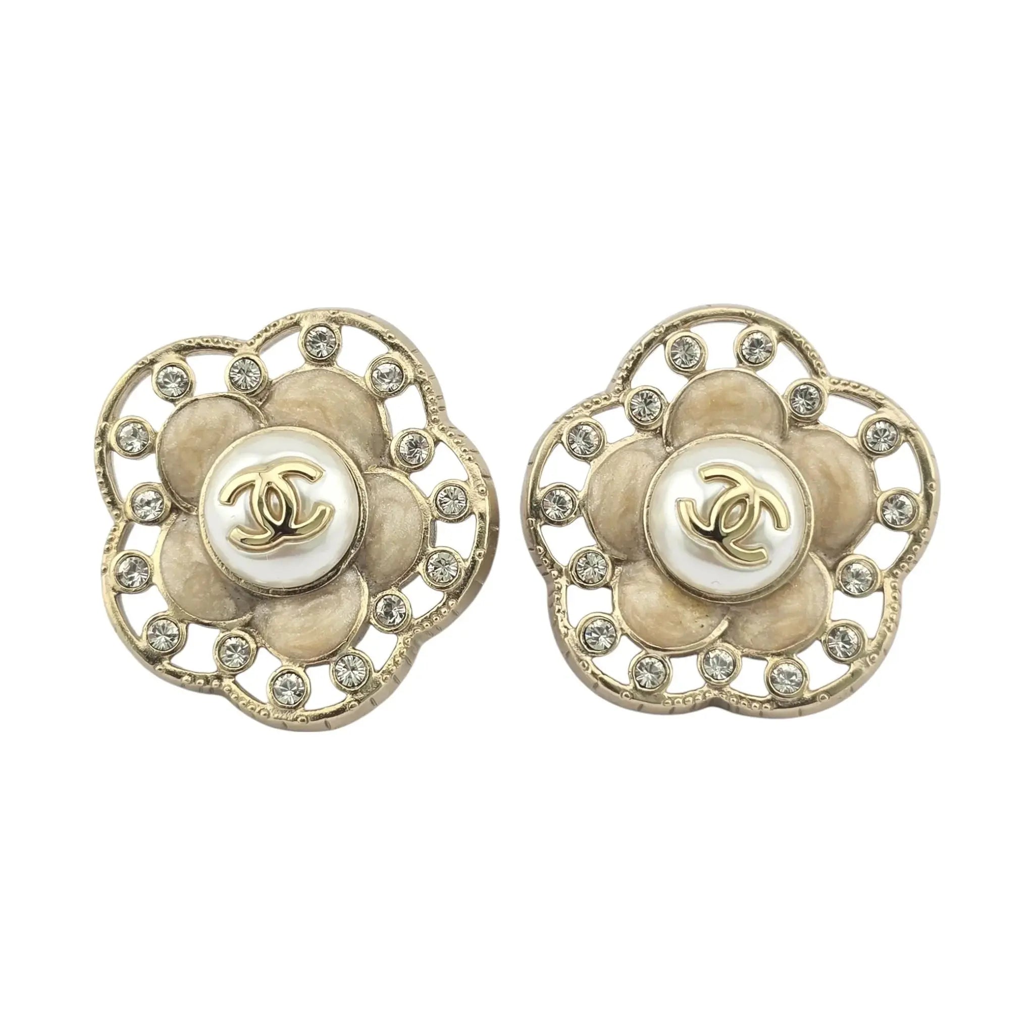 Chanel CC Enamel Crystal Pearl Camellia Earrings CHANEL