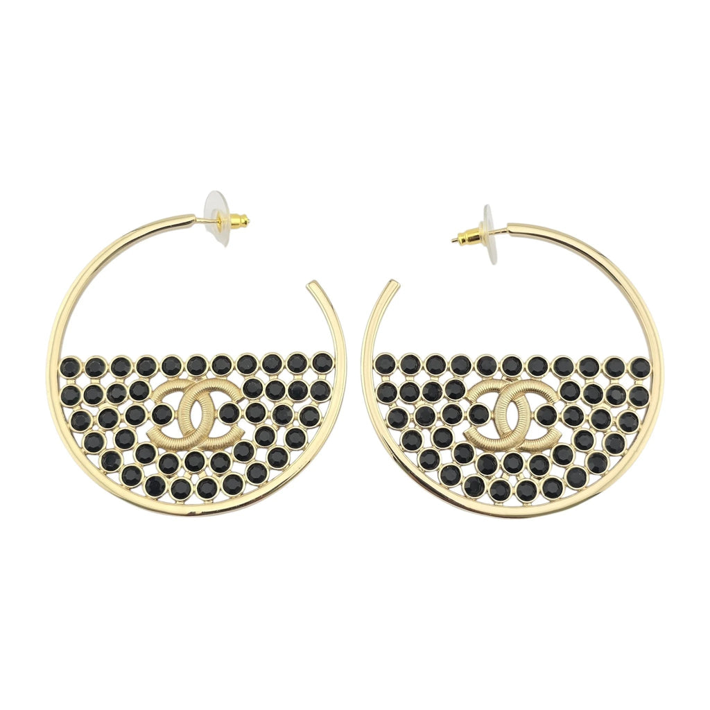 Chanel CC Black Crystal Gold Hoop Earrings SS23 CHANEL
