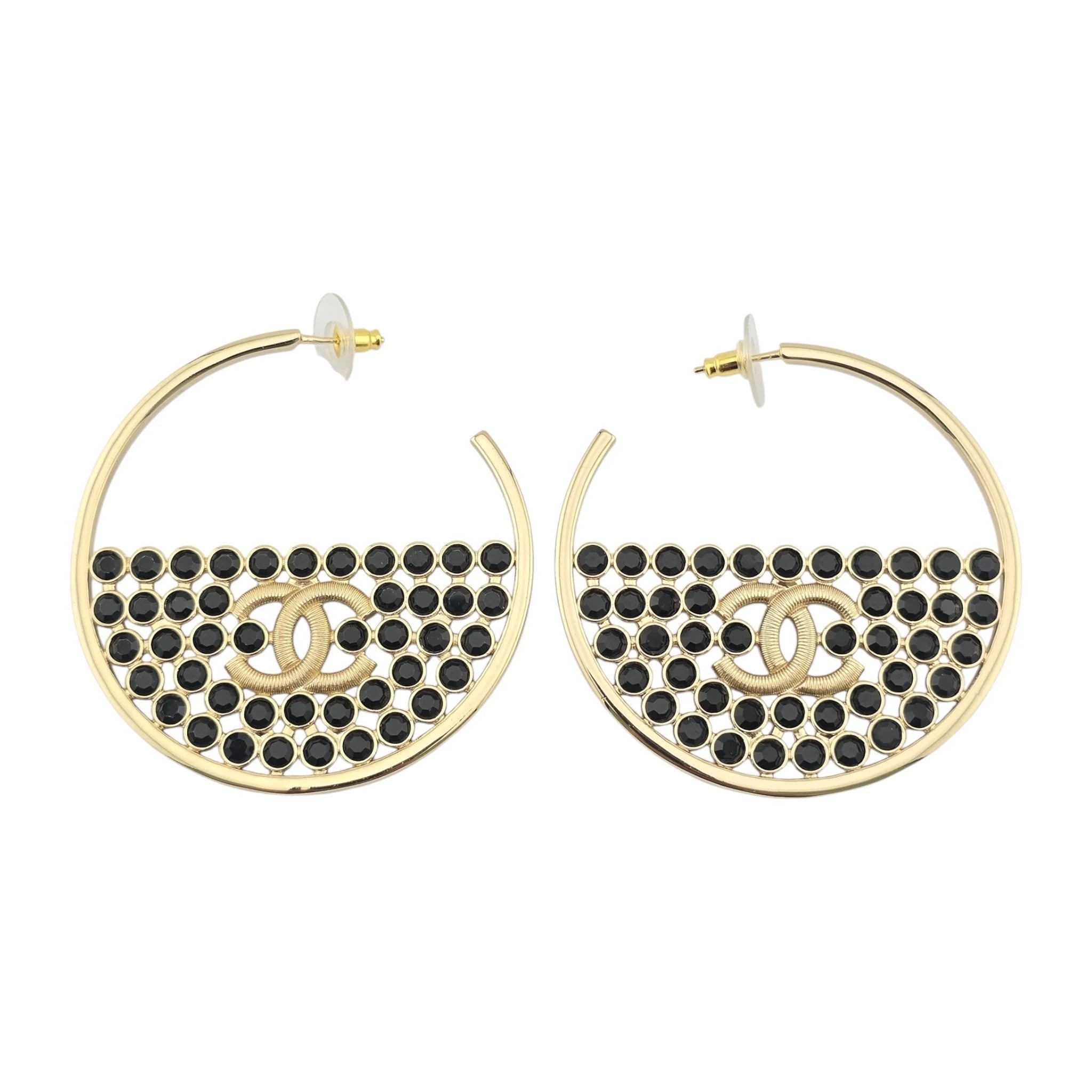 Chanel CC Black Crystal Gold Hoop Earrings SS23 CHANEL