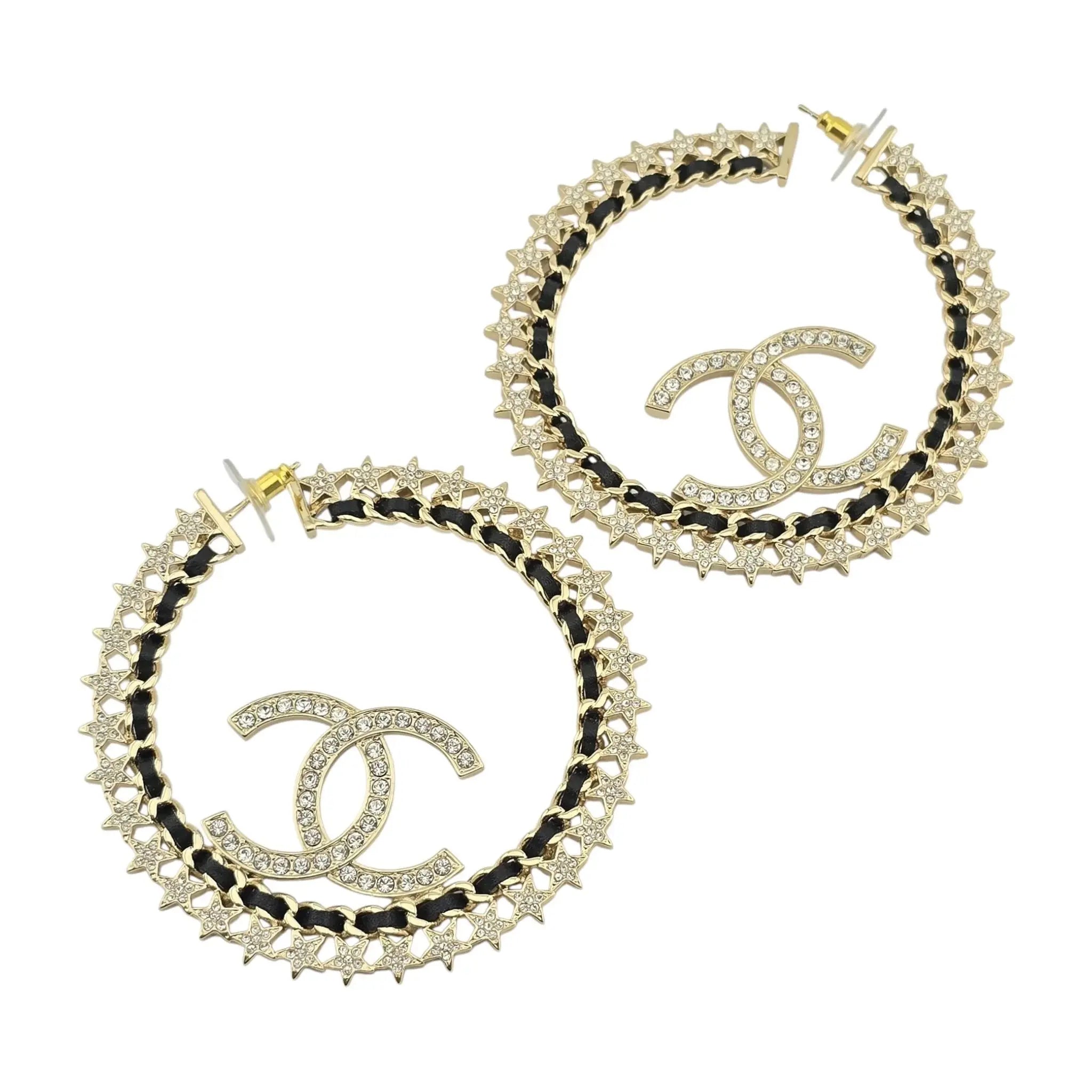 Chanel CC Large Hoop Earrings Crystal/Leather CHANEL