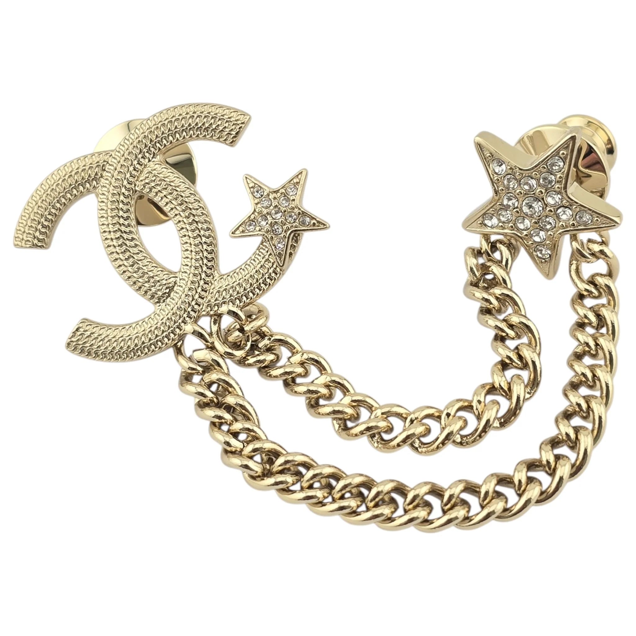 Chanel CC Crystal Chain Star Brooch Gold CHANEL