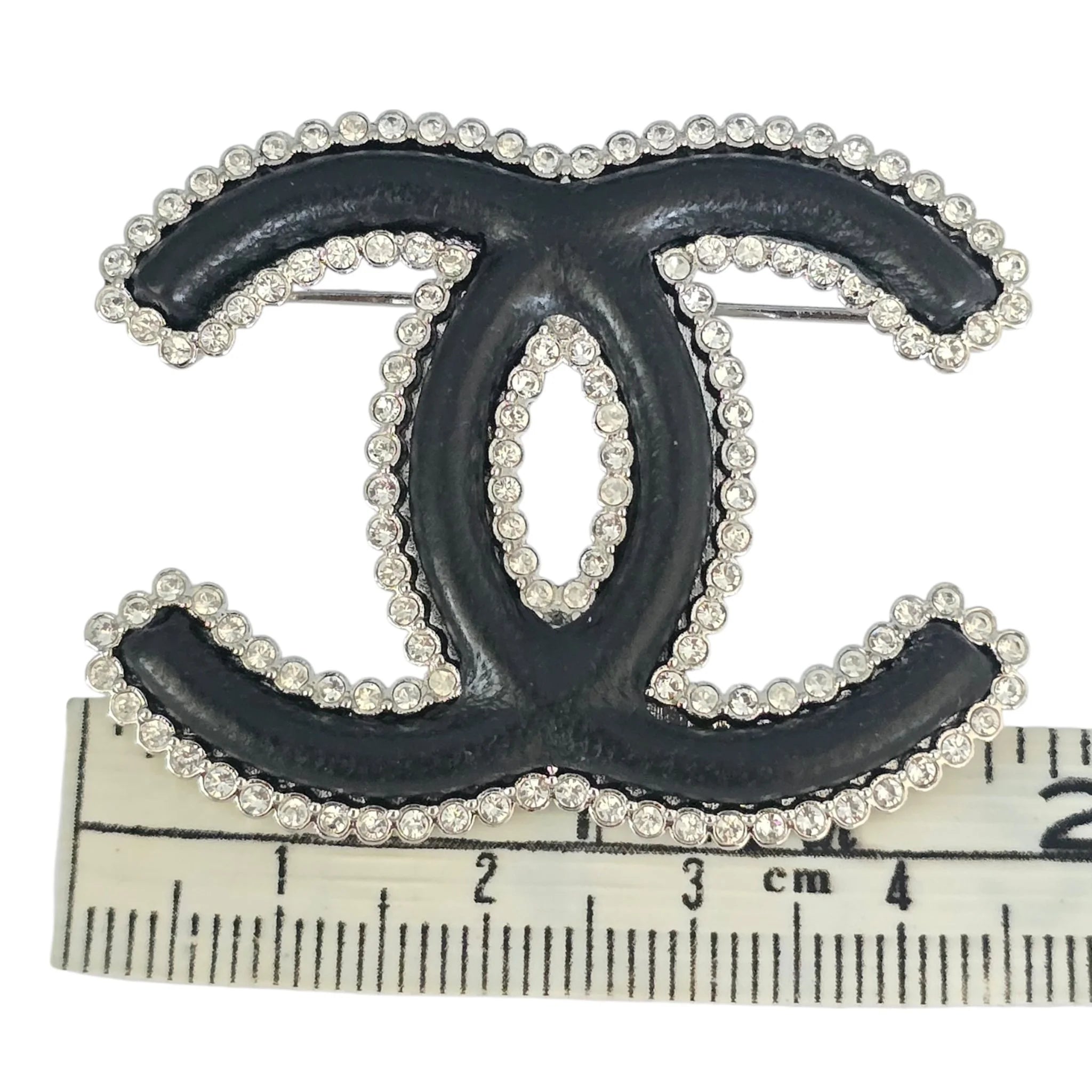 Chanel CC Crystal Leather Silver Tone Pin Brooch 2022 CHANEL